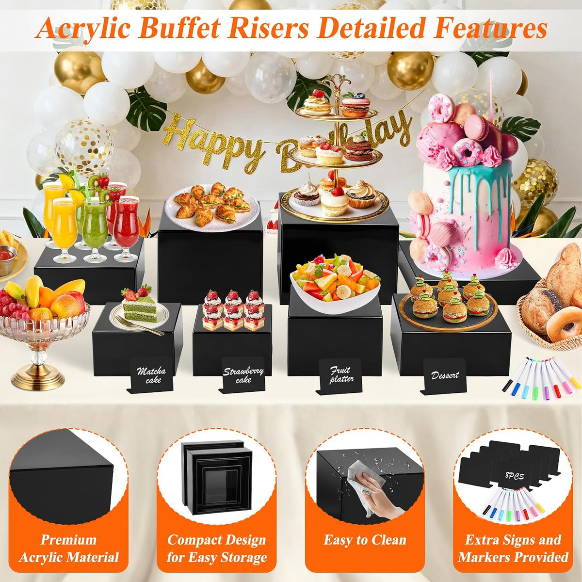 8Pcs Black Acrylic Buffet Risers with Mini Sign and Marker, Black Acrylic Risers for Party Catering Dessert Jewelry