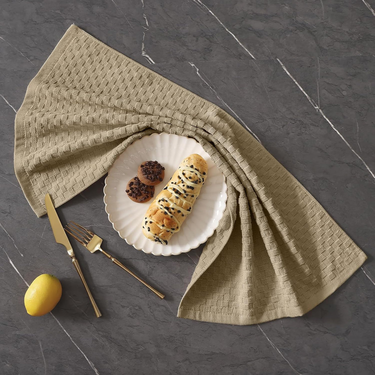Homaxy 100% Cotton Terry Kitchen Towels(15" x 25", 12 Pack), Tan | Soft and Super Absorbent Dish Towels, 380 GSM