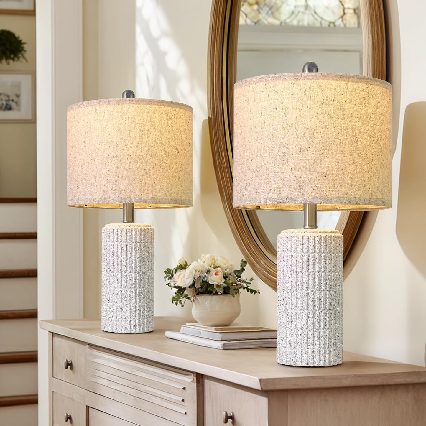 PoKat 20.75" Stone-Like Farmhouse Ceramic Table Lamps Set of 2 for Bedroom, White Bedside Lamps for Night Stands