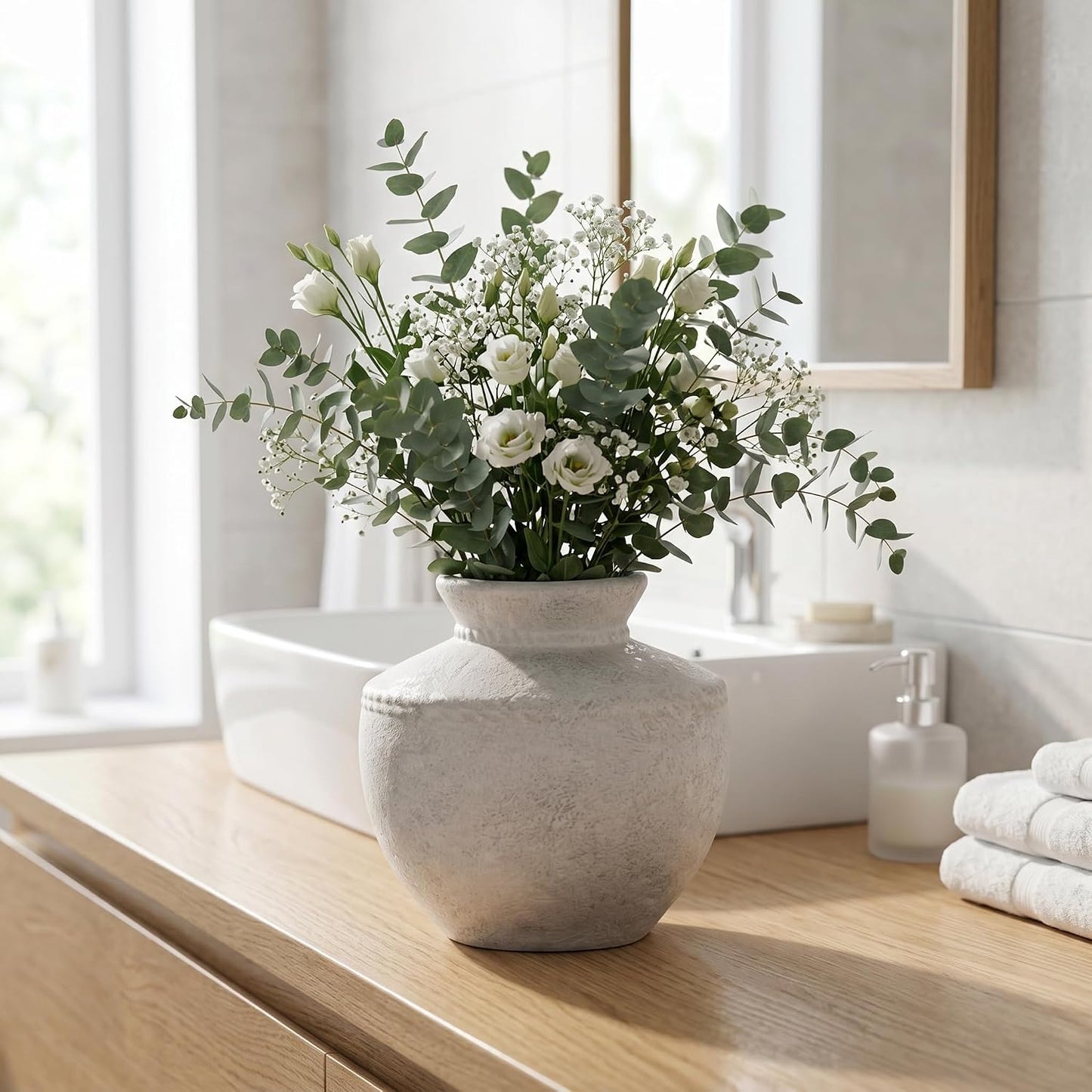 Rustic Farmhouse Vase Small White Ceramic Flower Vases / Rustic White / 6 Inch