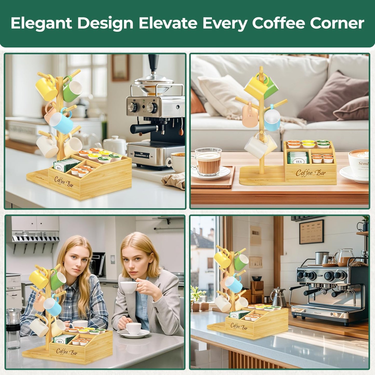 EsLuker.ly Mug Tree Holder Stand, Countertop Bamboo Coffee Cup Organizer | Rack for Kitchen Office, Space-Saving Coffee