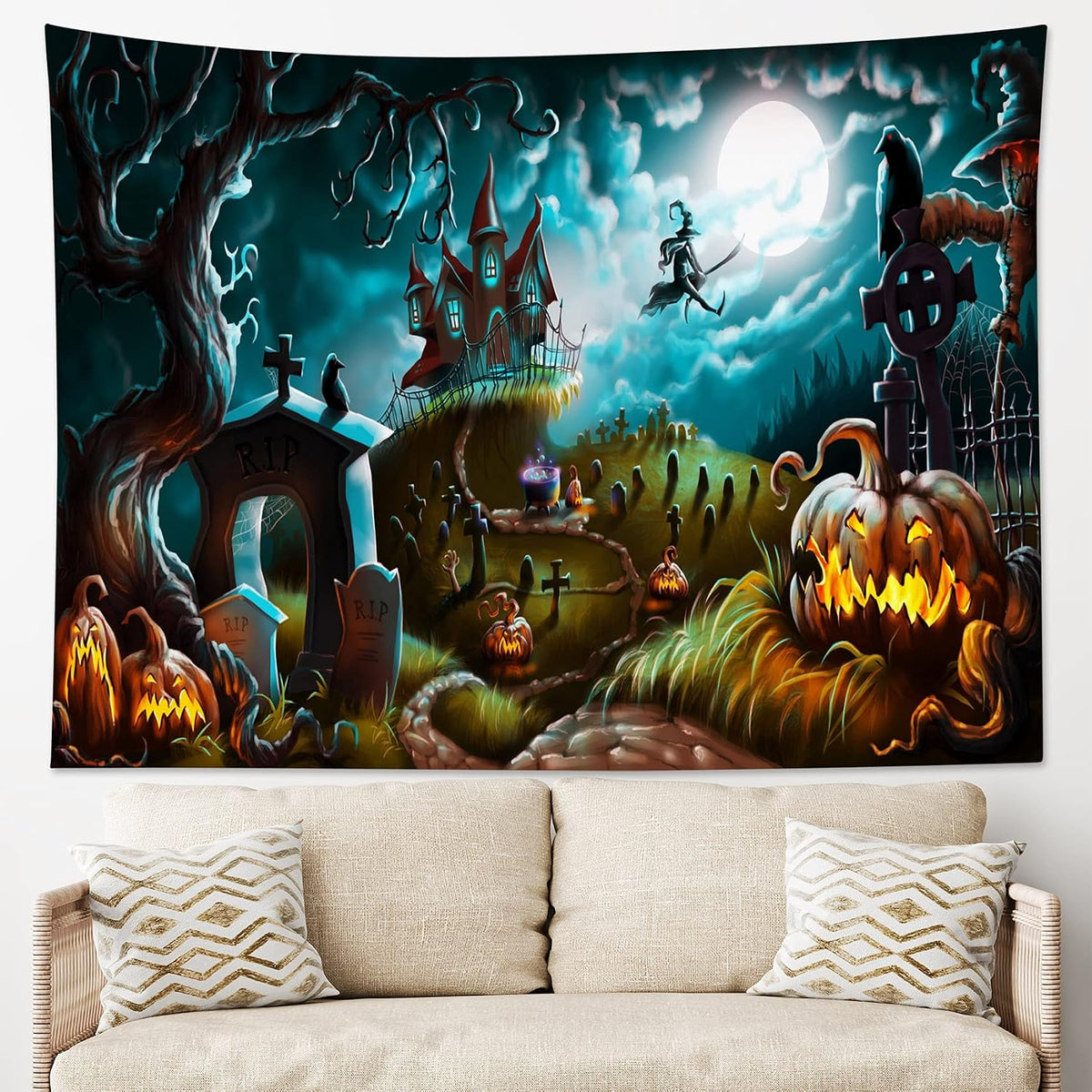 HVEST Halloween Pumpkin Graveyard Tapestry Terror Pumpkin Jack-O-Lantern Wall Decor Witch on Broom Run to Moon Tapestry Night Sky Castle Wall Art for Bedroom Home Dorm Halloween Decor 59Wx51H inches