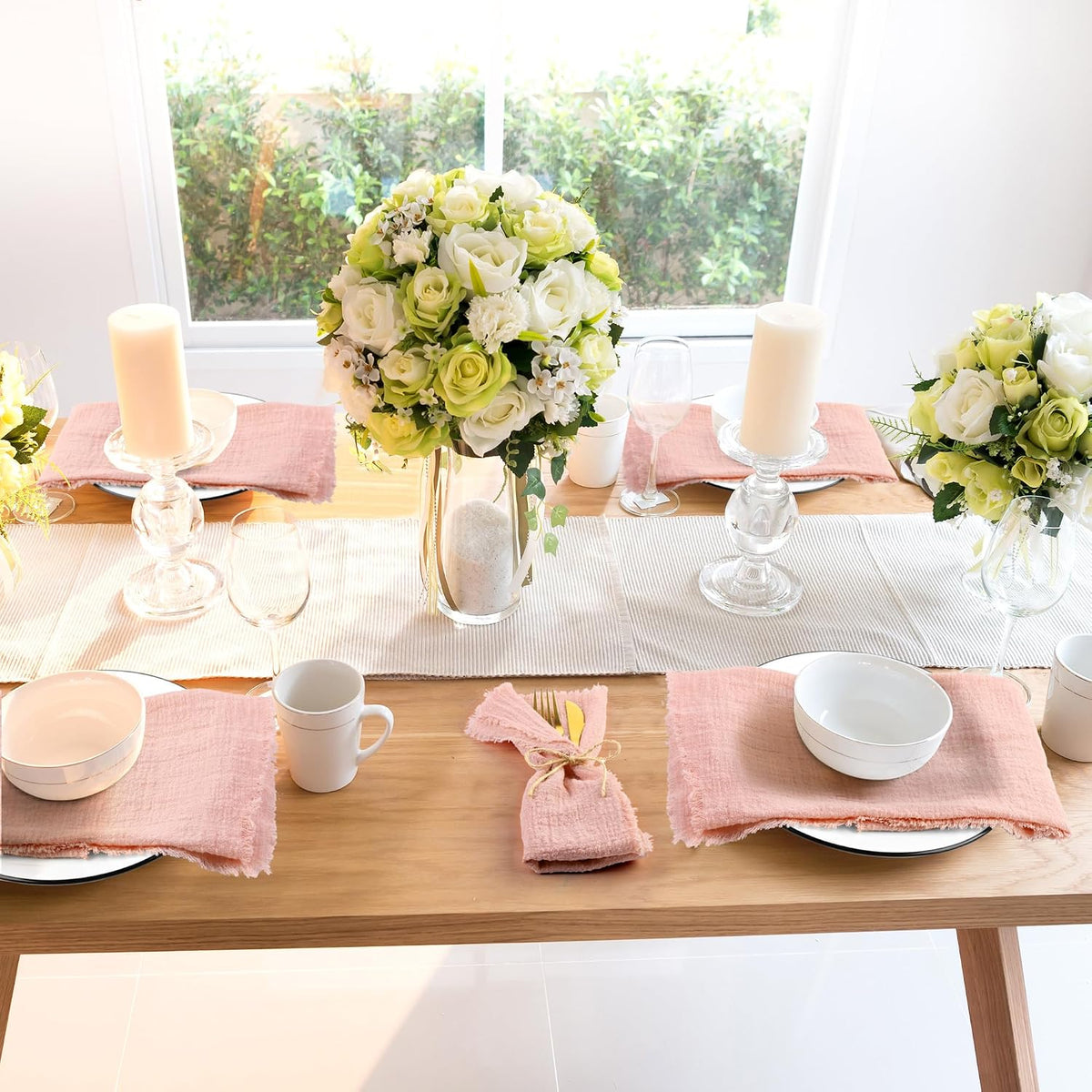 TURSTIN 24 Pieces Cotton Linen Cloth Napkin Handmade Cloth Napkin with Fringe 17 x 17 Inch Soft Cloth Dinner Wedding