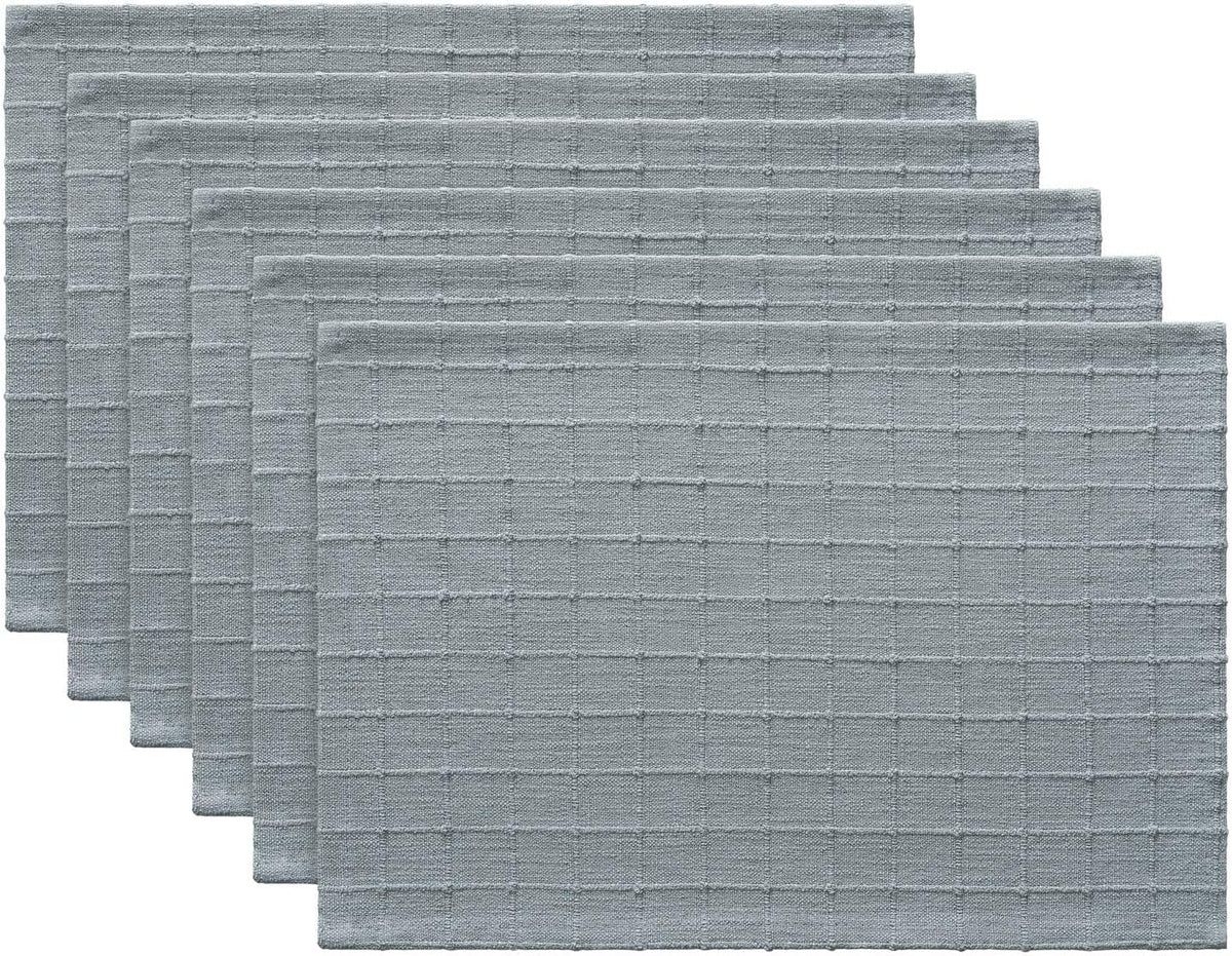 Artisanal Grid Decorative Linen Placemats Set of 6, Chambray | Thick Heavy Textured Washed Linen Place Mats 13×19in