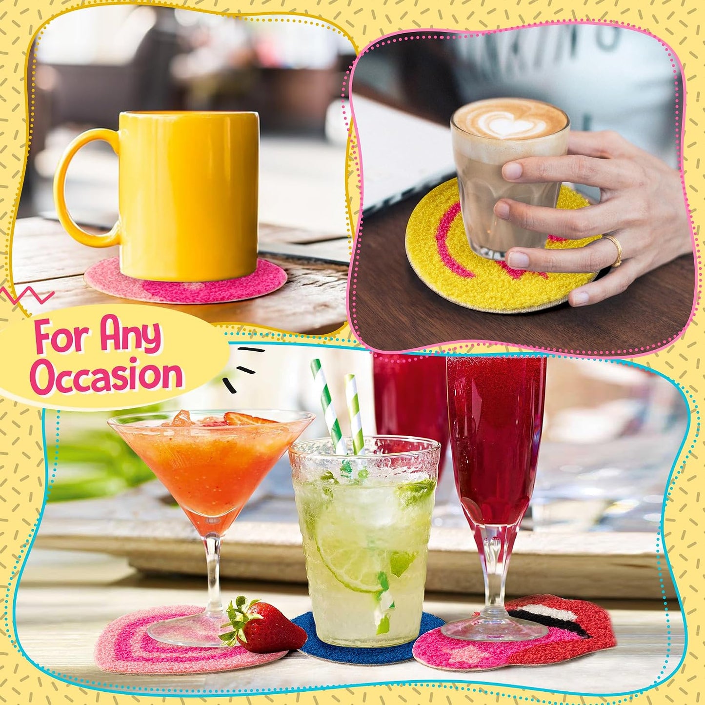 Preppy Boho Tufted Coasters Smile Evil Eye Lip Love Yin-yang Drink Coasters Yellow / Pink / Set of 5