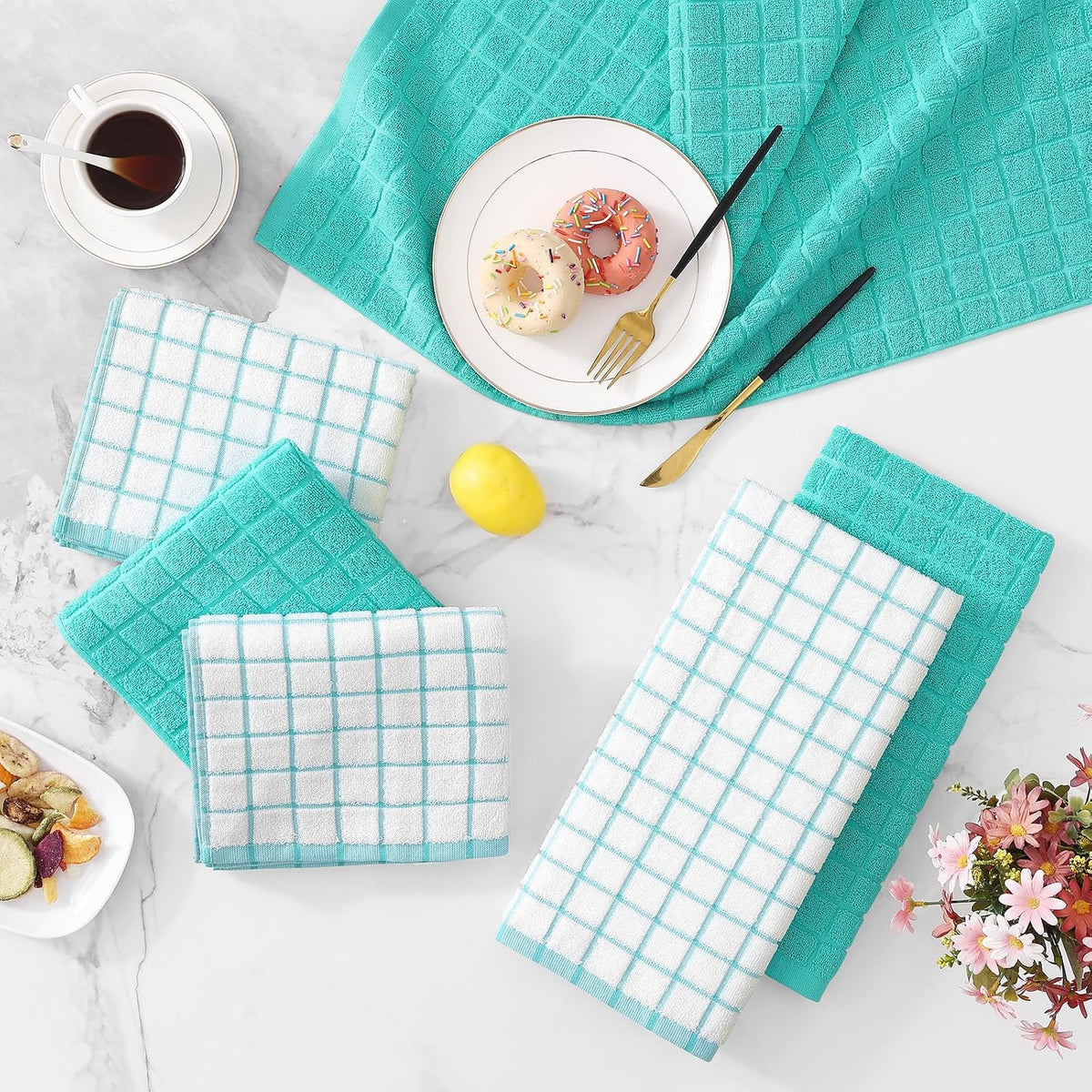 Homaxy Large Premium Cotton Kitchen Towels 16"x 28", 12 Pack, Aqua | Natural Ring Spun 390 GSM Dish Towels, Super