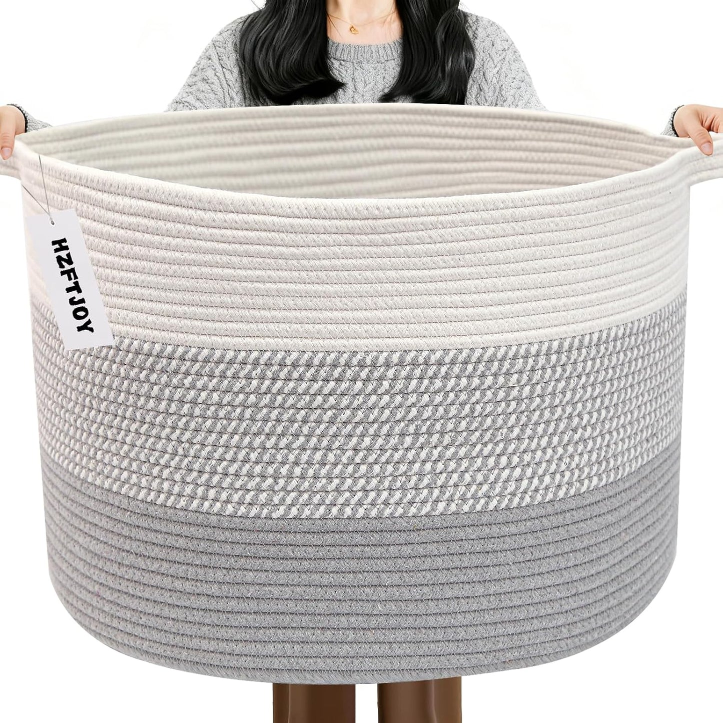 90L Extra Large Blanket Basket,Woven Rope Laundry Basket-Grey
