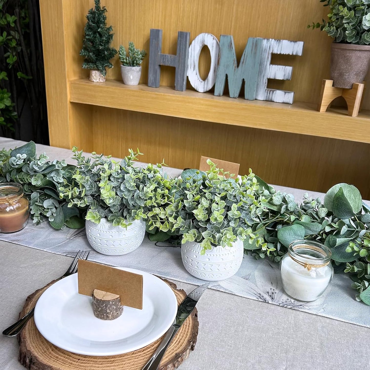 Small Artificial Potted Plants Faux Eucalyptus Plant in White Geometric / White Pot / Set of 2