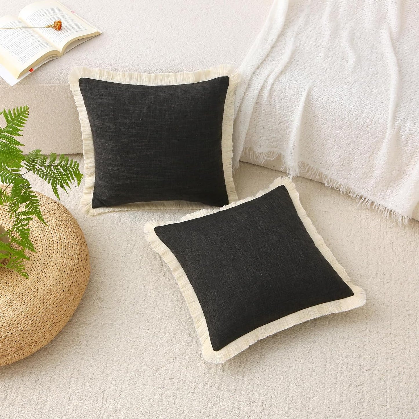 Boho Burlap Decorative Throw Pillow Covers / Black / 18 x 18 / Set of 2