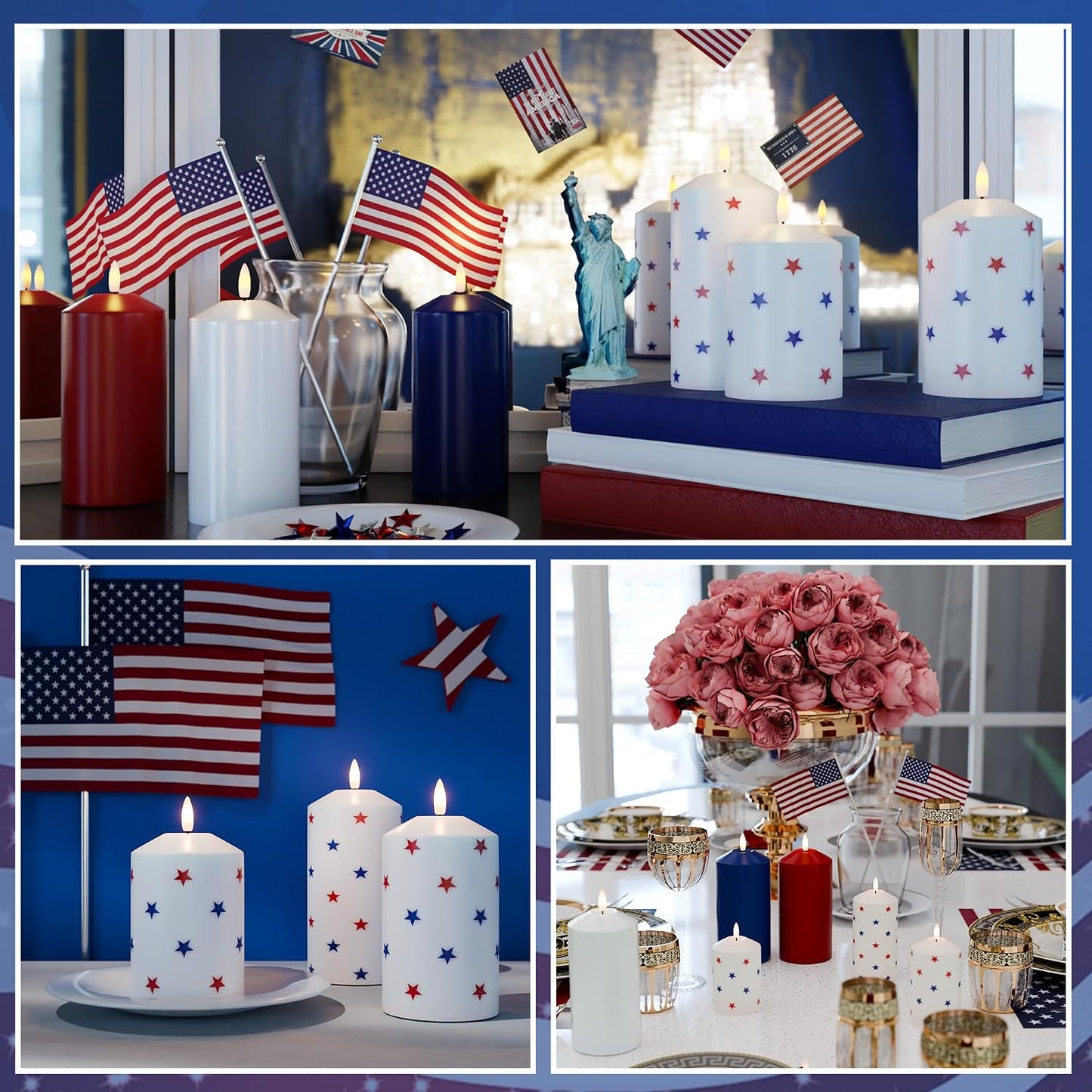 Patriotic Red White & Blue Star Candles, 4th of July LED Candles | Real Wax, Flickering Flameless Pillar Candles with