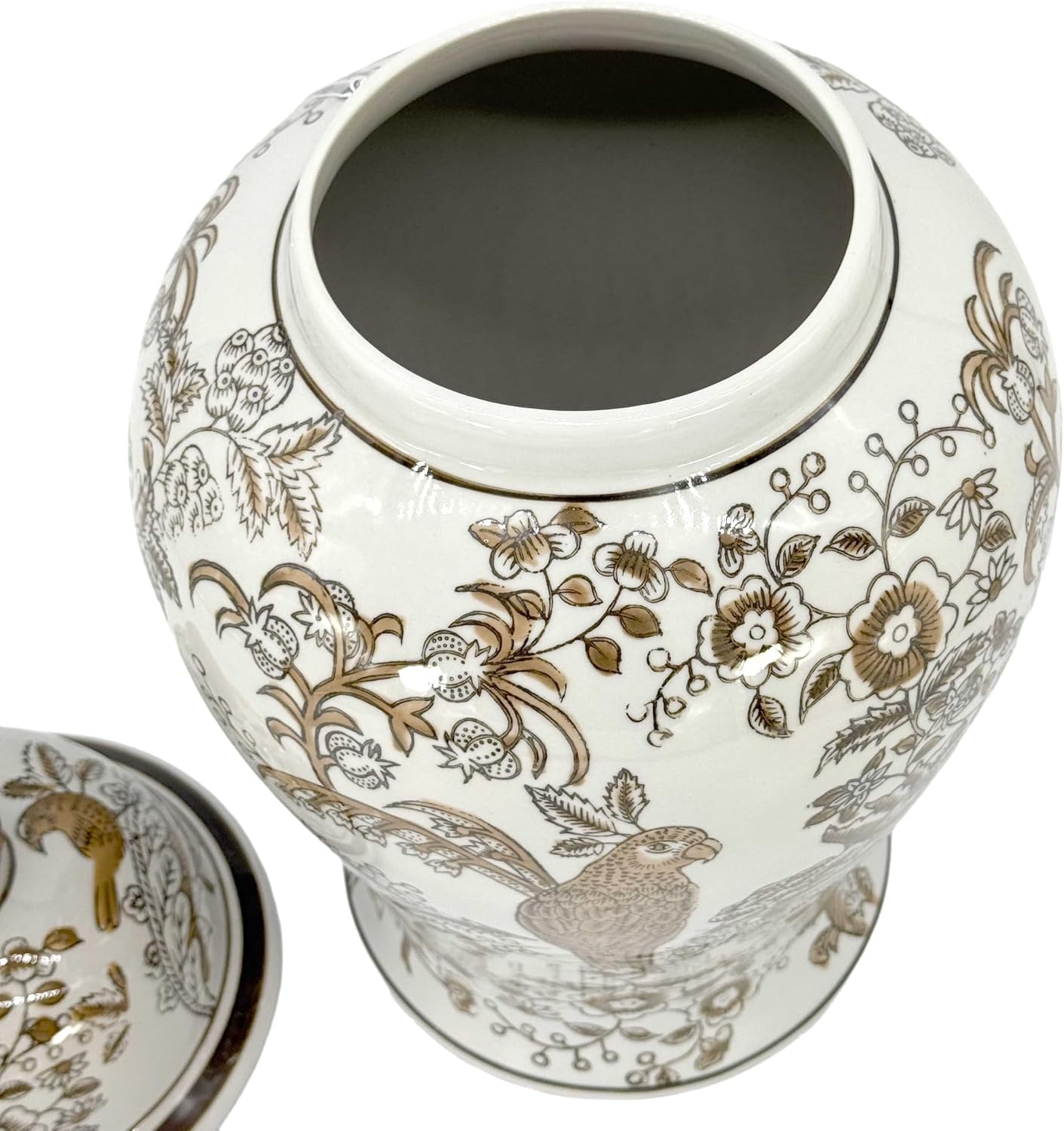 Brown & White Parrot Floral Chinoiserie Ceramic Temple Jar 18" w/Lid / Brown Parrot