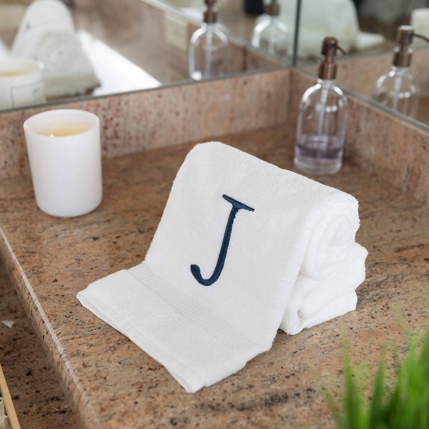 White with Navy Monogrammed Hand Towels for Bathroom - Set of 2 Letter J | Luxury Hotel Quality Initial Towels For