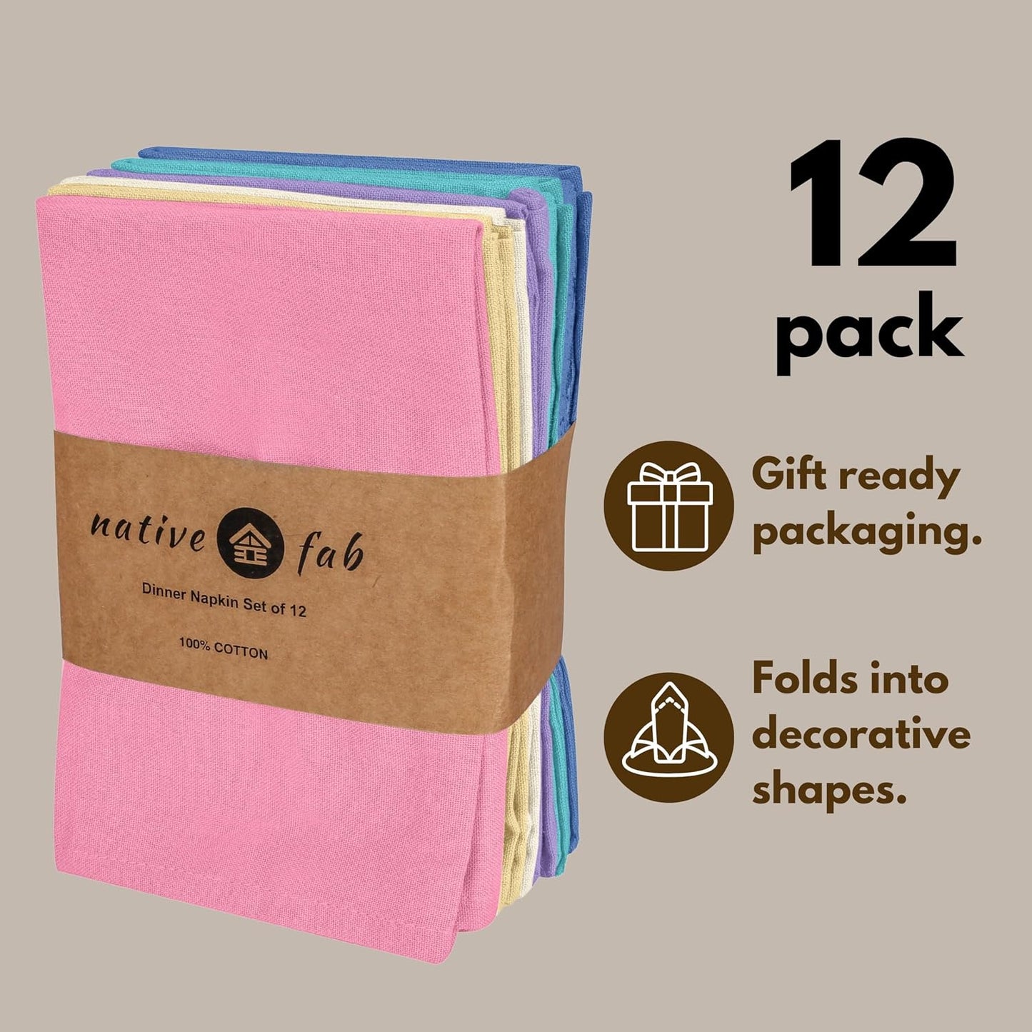Native Fab Premium Multicolor Cloth Napkins 12 Pack, 100% Cotton, 17"x17", Soft, Reusable Table Linen, Ideal for Easter