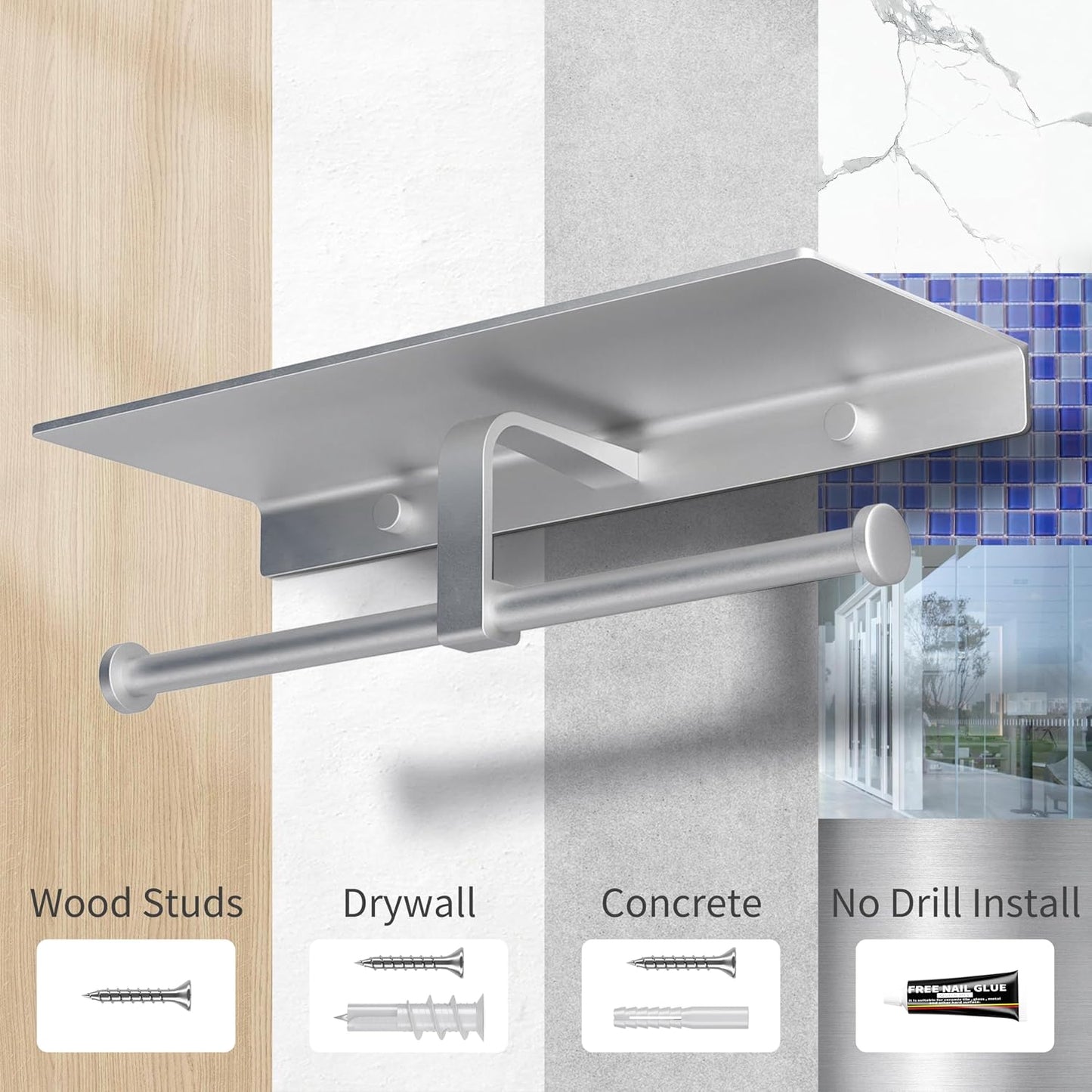 Bathroom Toilet Paper Holder with Shelf, Wall Mount, Double Roll, Silver