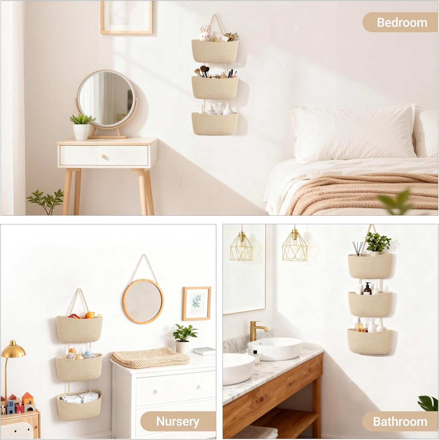 Over The Door Hanging Basket Woven Boho Wall Mounted Storage Organizer / Jute / 3-tier
