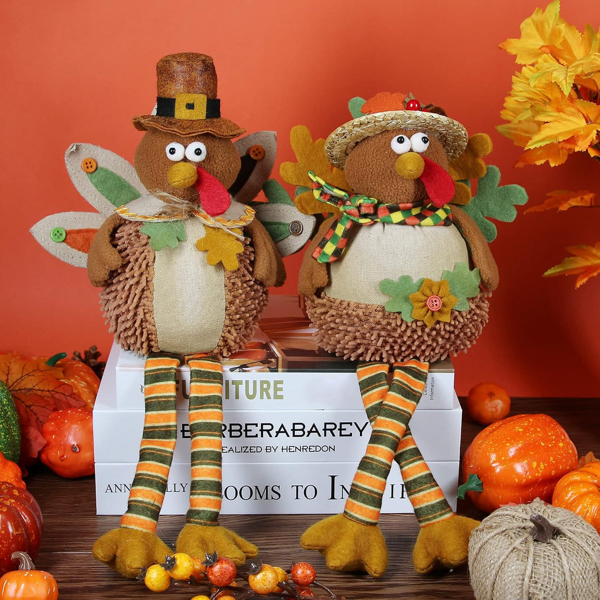 Ogrmar 15" 2PCS Stuffed Turkey Couple Doll Thanksgiving Tabletop Decoration