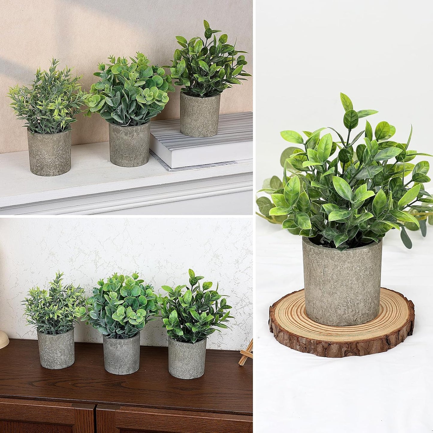 Mini Potted Fake Plants Artificial Small Eucalyptus Plants / Green / Mimi Potted Plants / Set of 3
