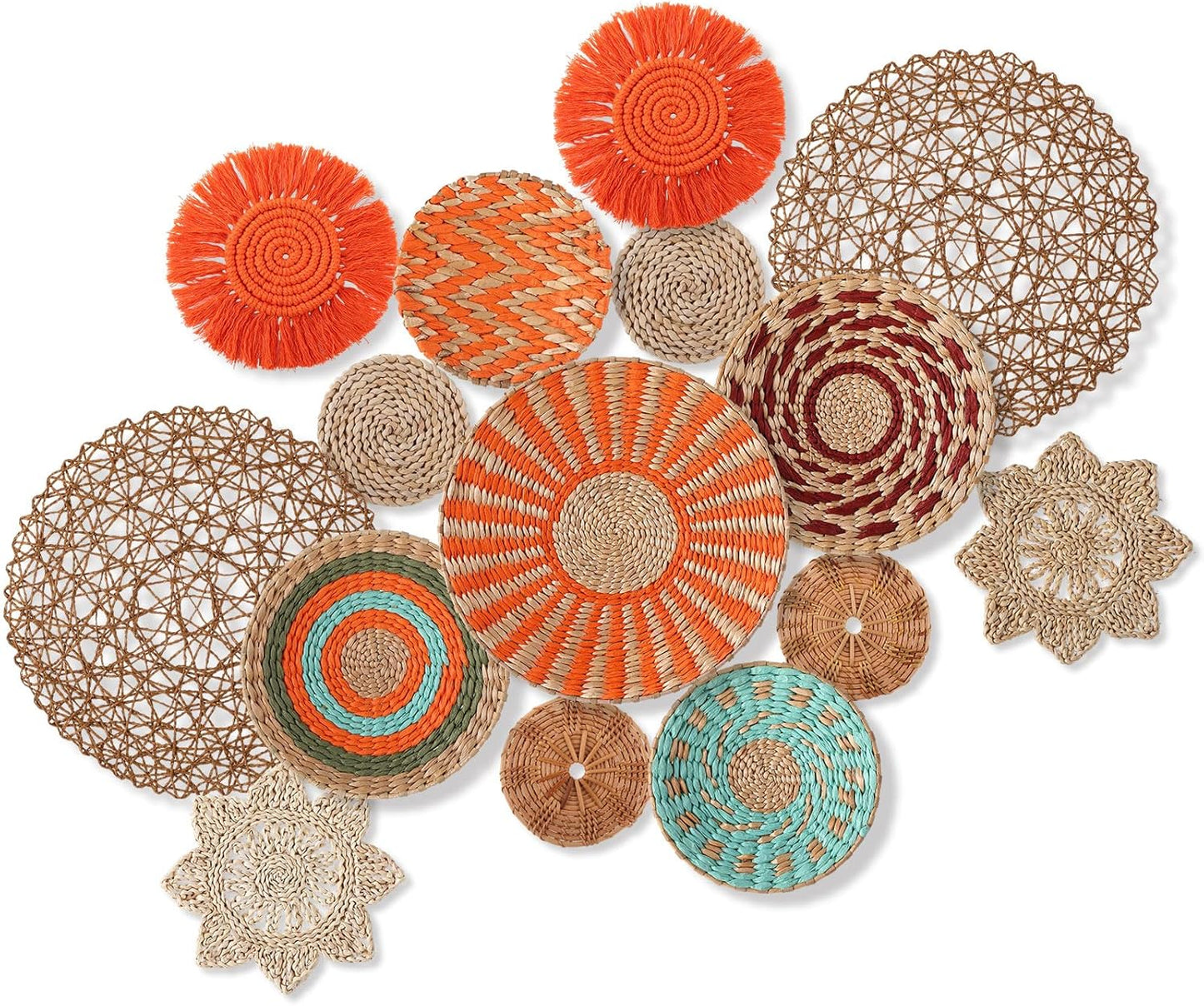Boho Wall Basket Decor Woven Rattan Seagrass Wall Decor Hanging Rustic / Orange Style / Set of 15