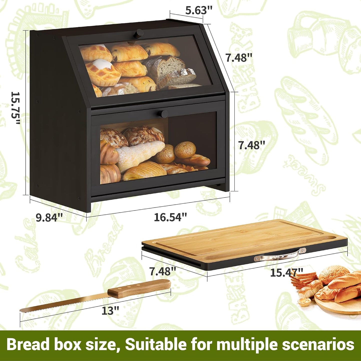 BMOSU Bread Box with Cutting Board Kitchen Bread Storage Organizer Farmhouse Countertop Double Bamboo Wood Bread