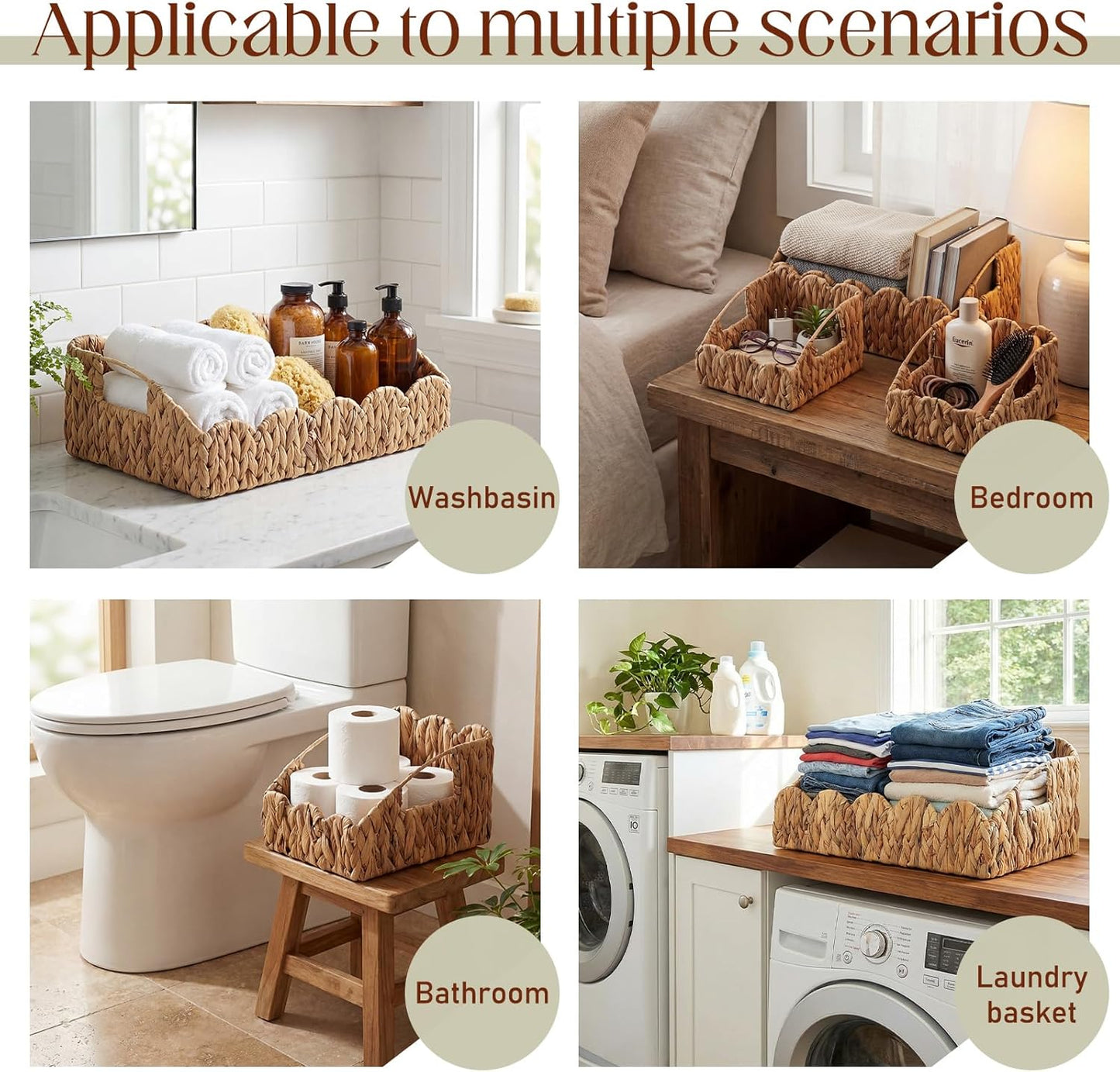 Scalloped Wicker Baskets for Storage / Set of 3