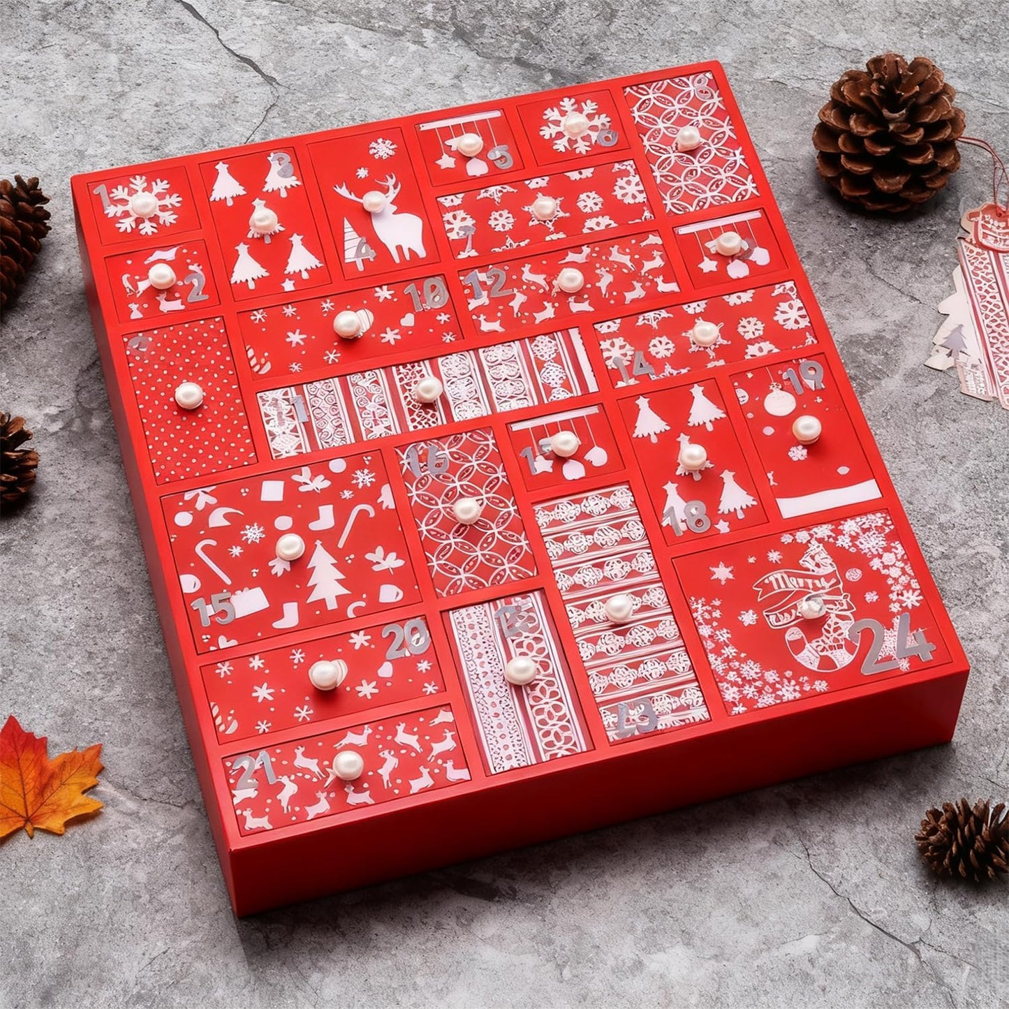 Juegoal Red Advent Calendar with 24 Drawers Countdown to Christmas, Refillable Wooden Advent, 15 Inches Tall