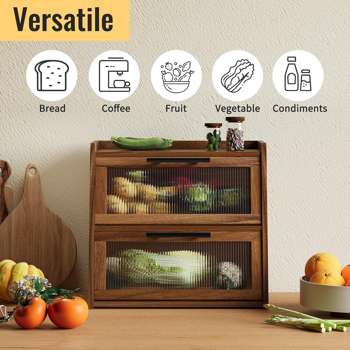 Bread Box for Kitchen Counter,Wooden Double Layer Countertop Bread Storage | Bread Holder Container Bin with Window for