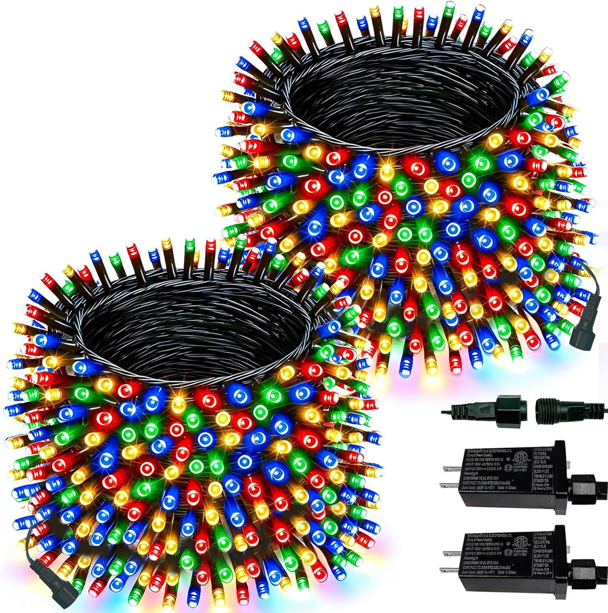 2 Pack Extendable 600 LED Christmas String Lights Indoor Outdoor Multicolor