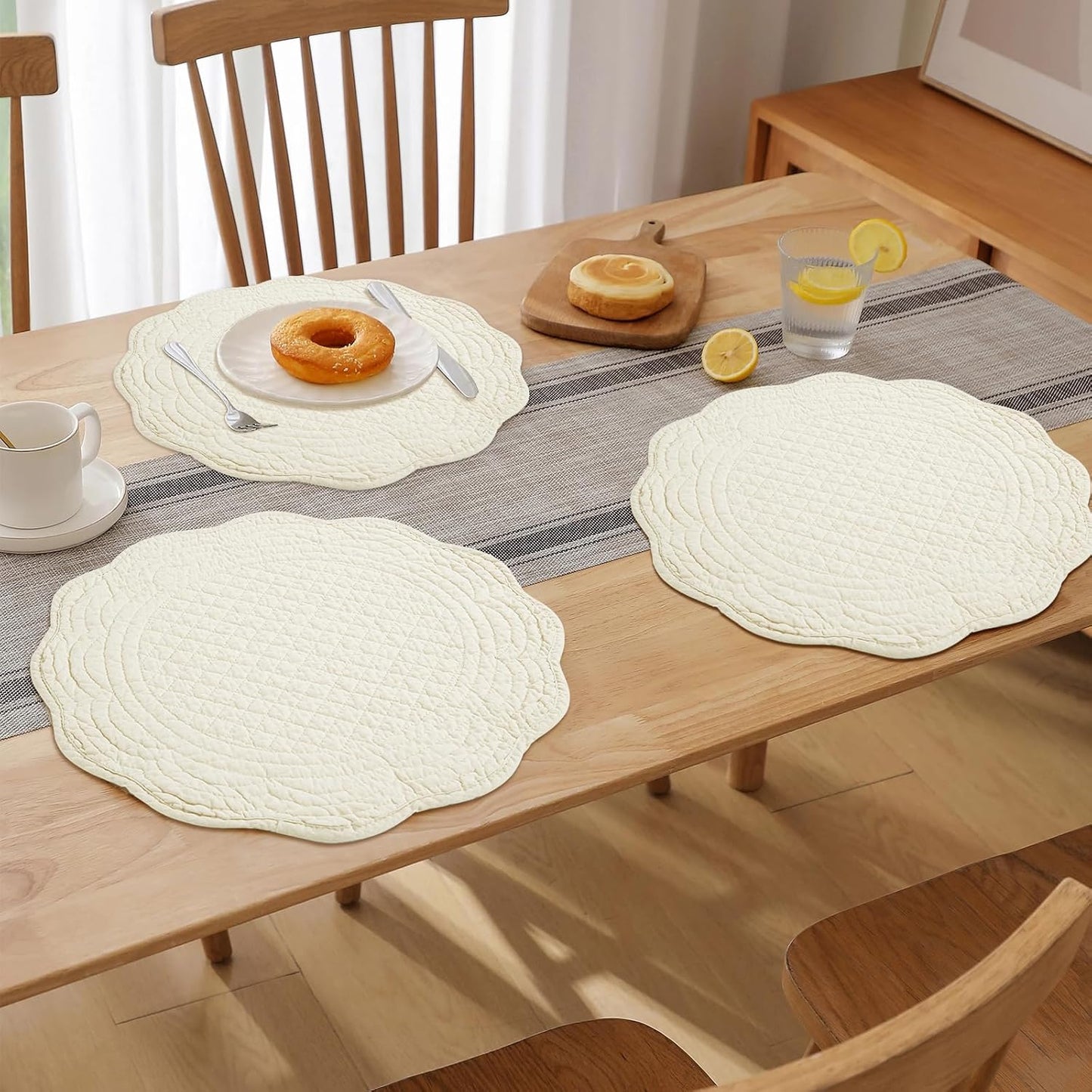 HOMBYS Quilted Placemats Set of 6 Washable Round Placemats for Kitchen Table-100% Cotton Fabric 14 Inch Round Table