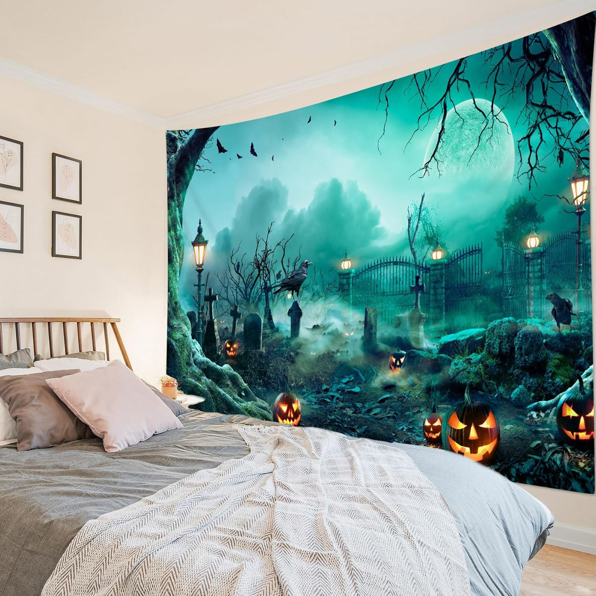 HVEST Halloween Tapestry Wall Hanging Black Crow Bat and Pumpkin in Scary Graveyard Forest Wall Art for Bedroom, Spooky Full Moon Night Tapestry for Living Room Holiday Wall Decor, 92.5W X 70.9H inches