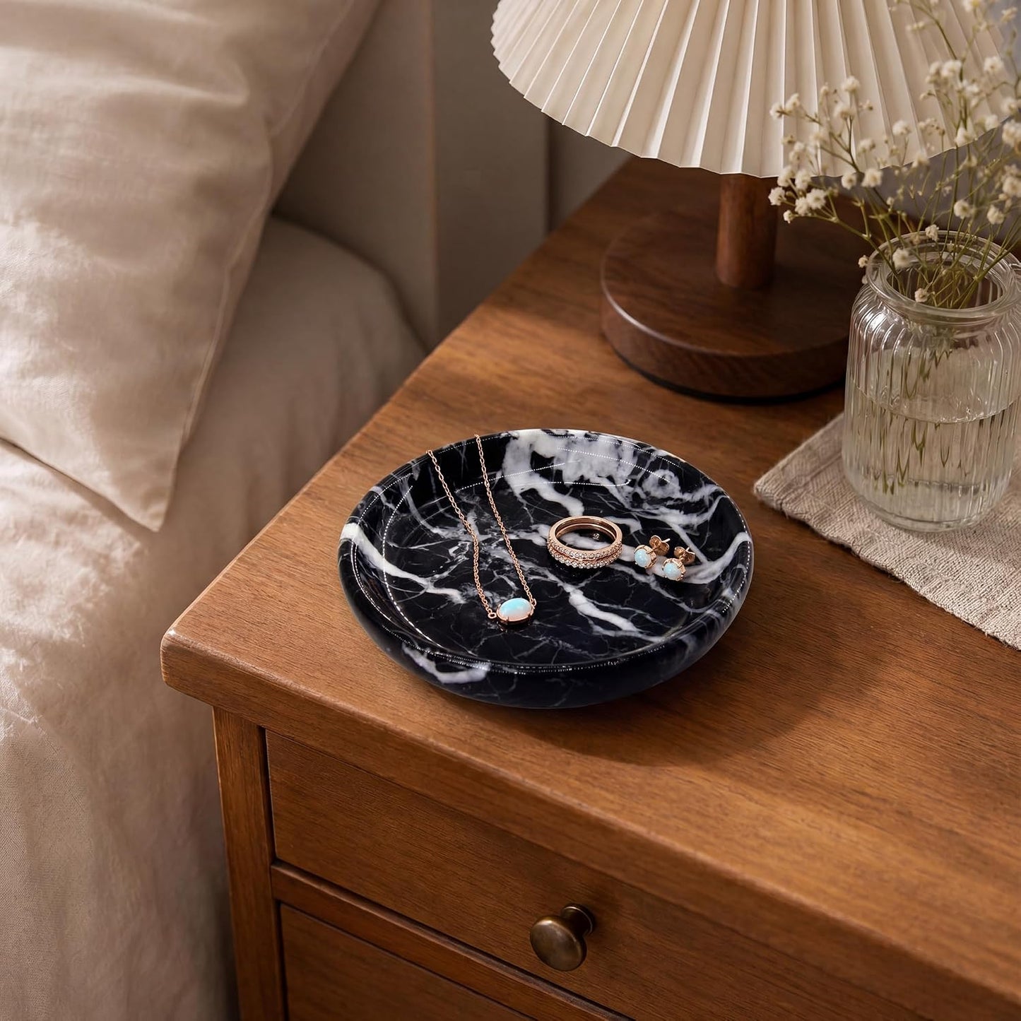 Small Natural Marble Jewelry Tray Key Plate Holder Dish Trinket Decor Catch All Bowl / Black