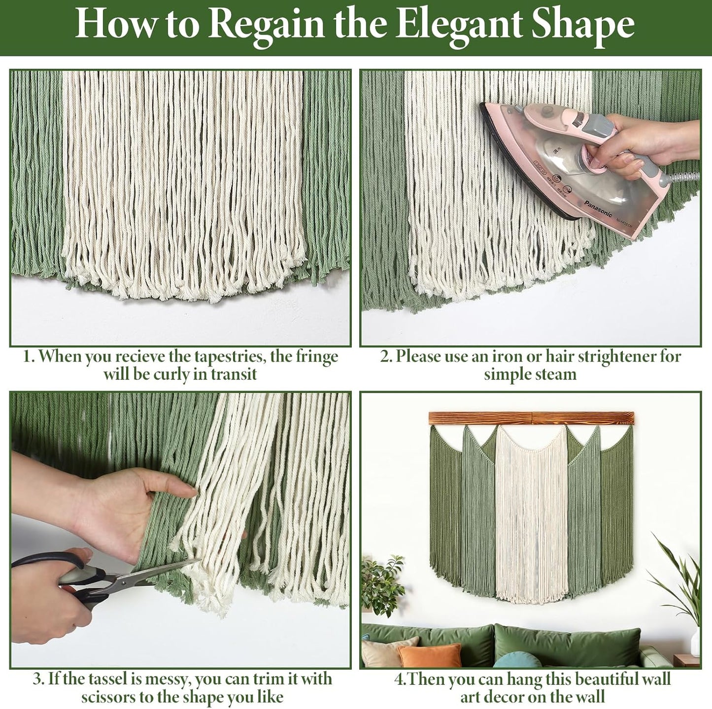 Macrame Wall Hanging Dip-Dyed Large Boho Wall Decor Yarn Tapestry Handmade Sage Woven / Green