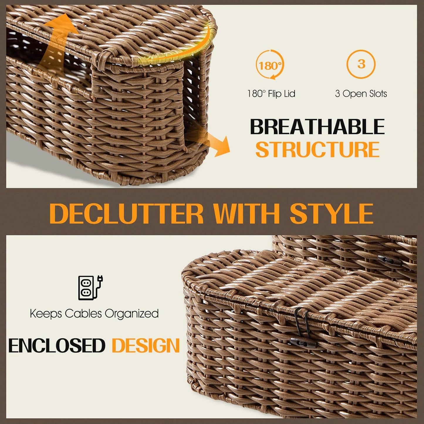 Handwoven Large and Small Cable Organizer Box Cover to Hide Cords and Power / Brown / L+M / Set of 2