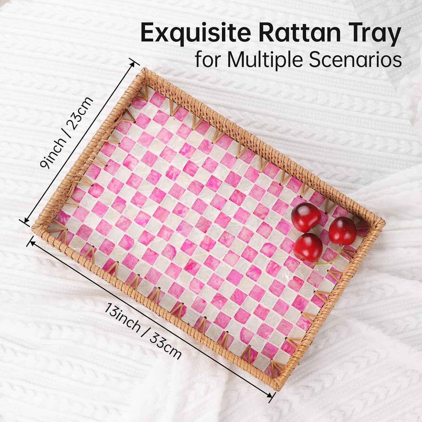Rattan Serving Tray / Pink Checkerboard