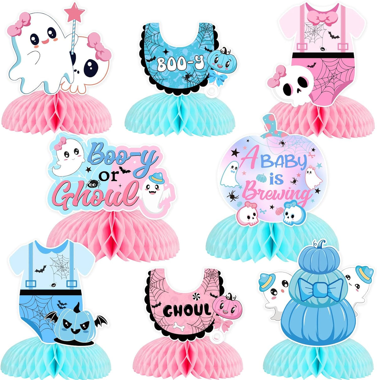 Halloween Gender Reveal Decorations 8pcs Halloween Gender Reveal Honeycomb Centerpiece A Baby is Brewing Table Decoration Topper Halloween Boo-y or Ghoul Baby Shower Decorations