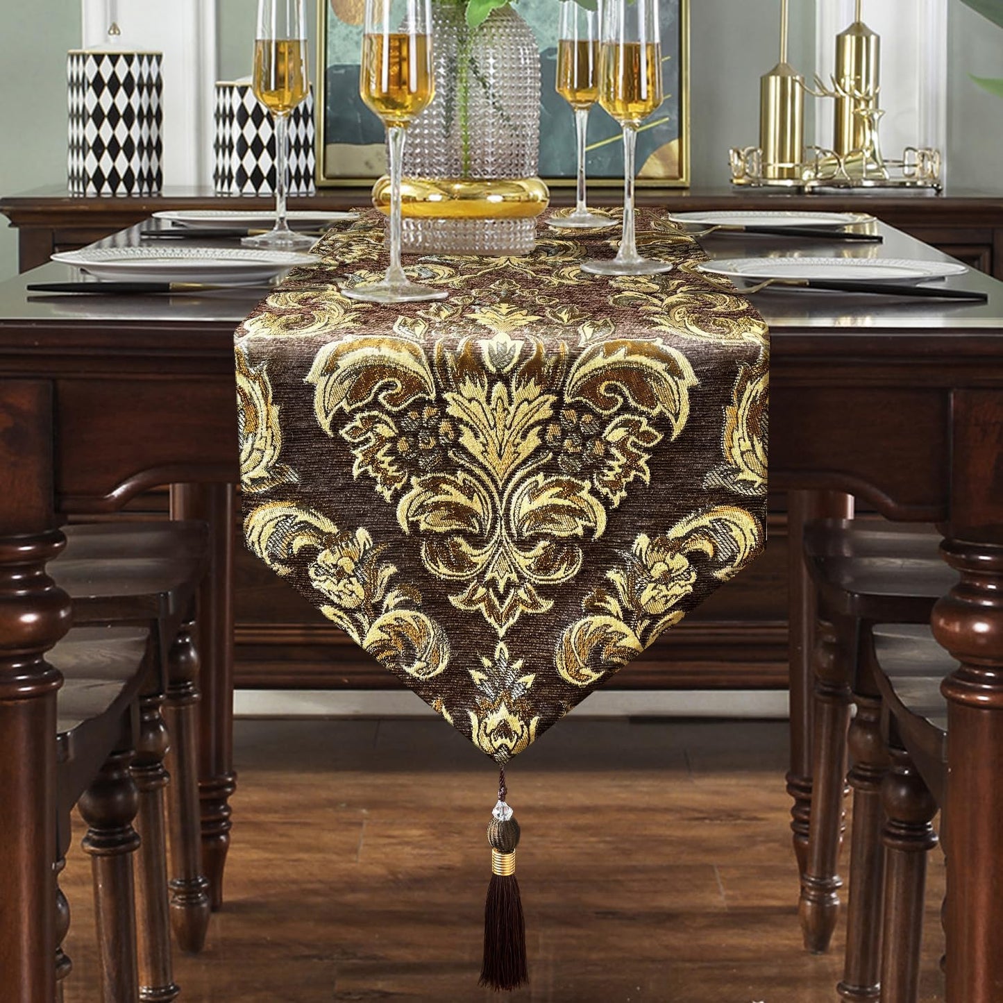 Glittering Colorful Jacquard Table Runner 72 inches Long Dark Brown | Chenille and Satin Fabric,for Christmas Dinner