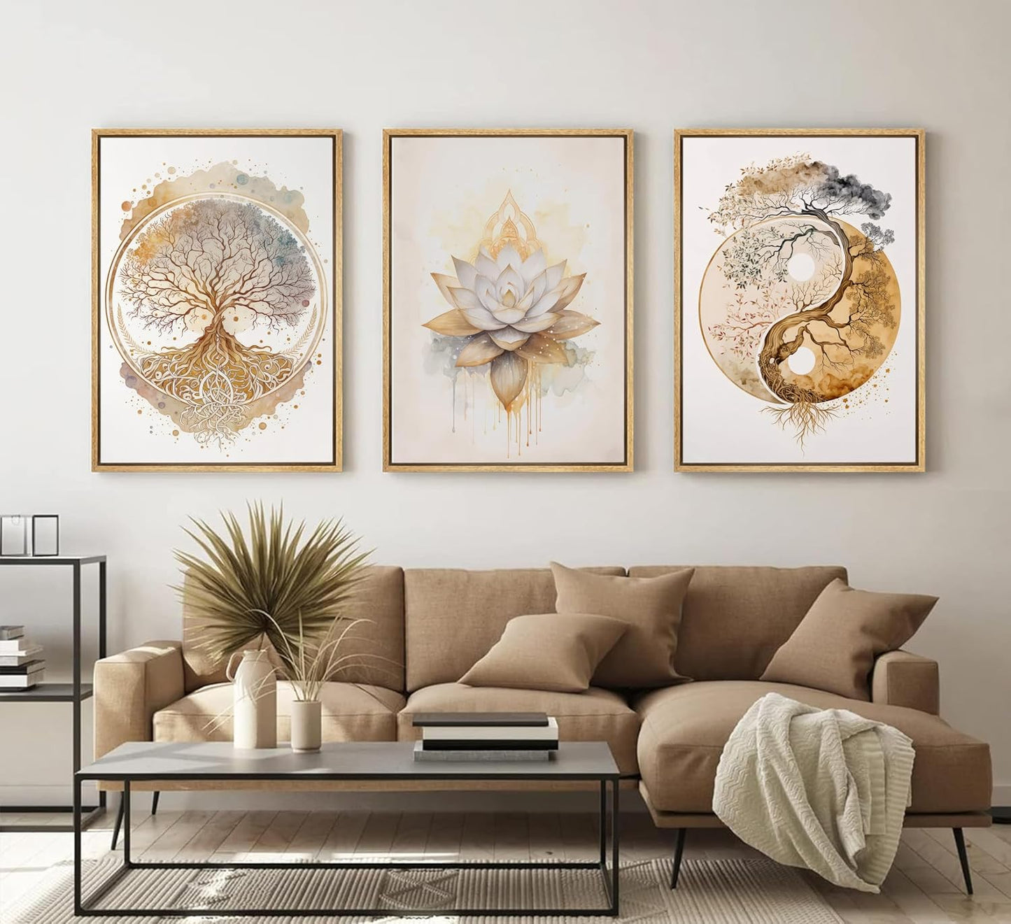 Tree of Life Canvas Wall Art Lotus Zen Painting / Wood Grain Frame / Framed / 16"L x 12"W / Gold