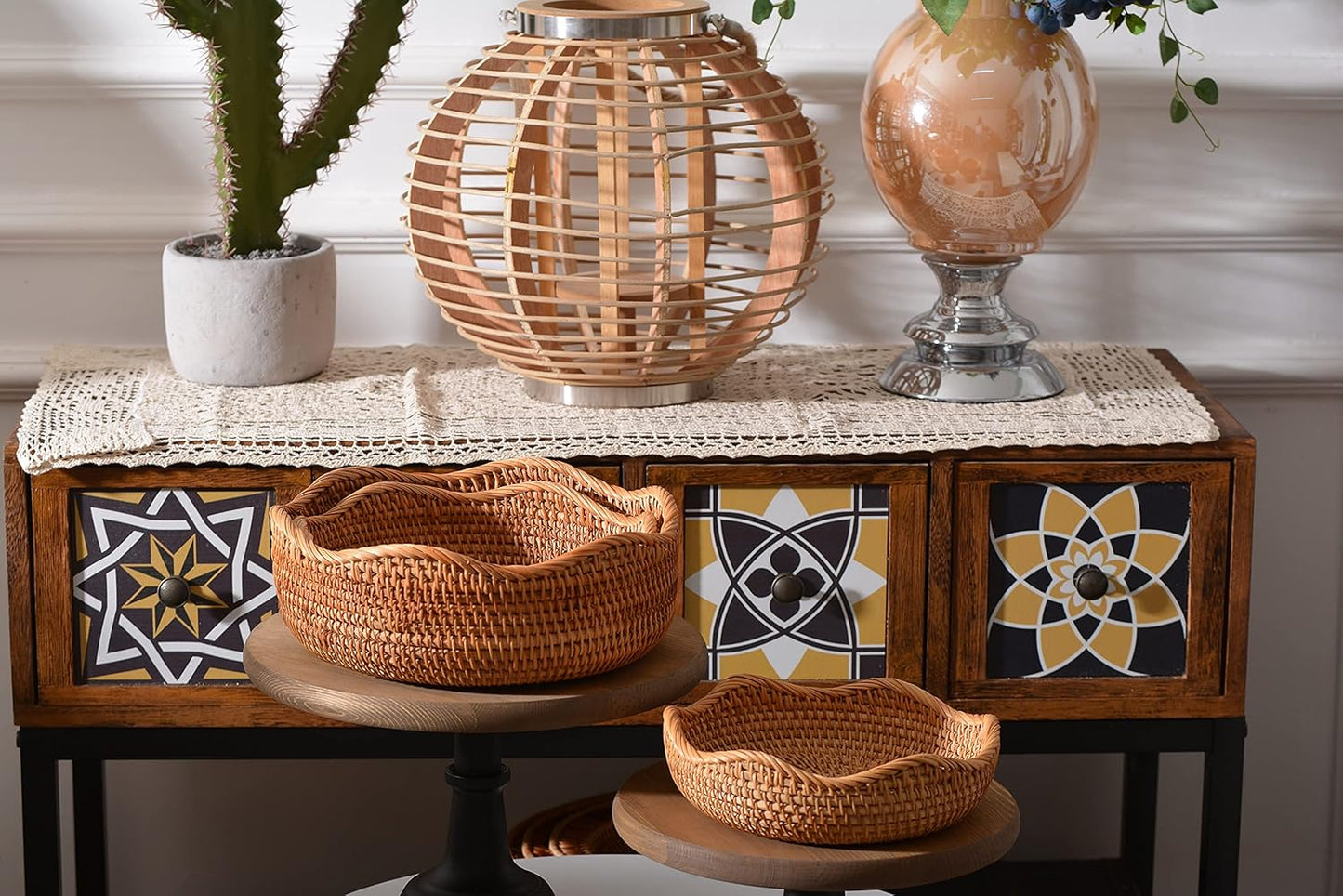 Rattan Bread Baskets Round Woven Fruit Bowls Key Holders Stackable / Wave / Natural / Set of 3