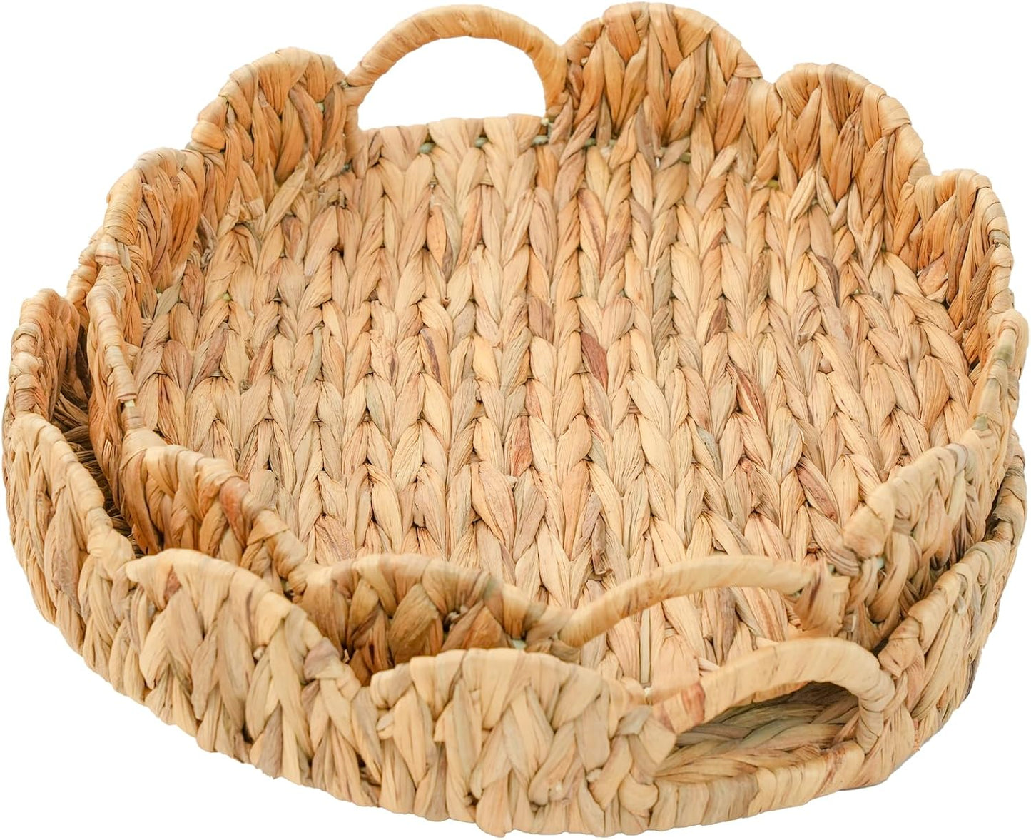 Wicker Basket Tray / Water Hyacinth / Round / Natural / Set of 2