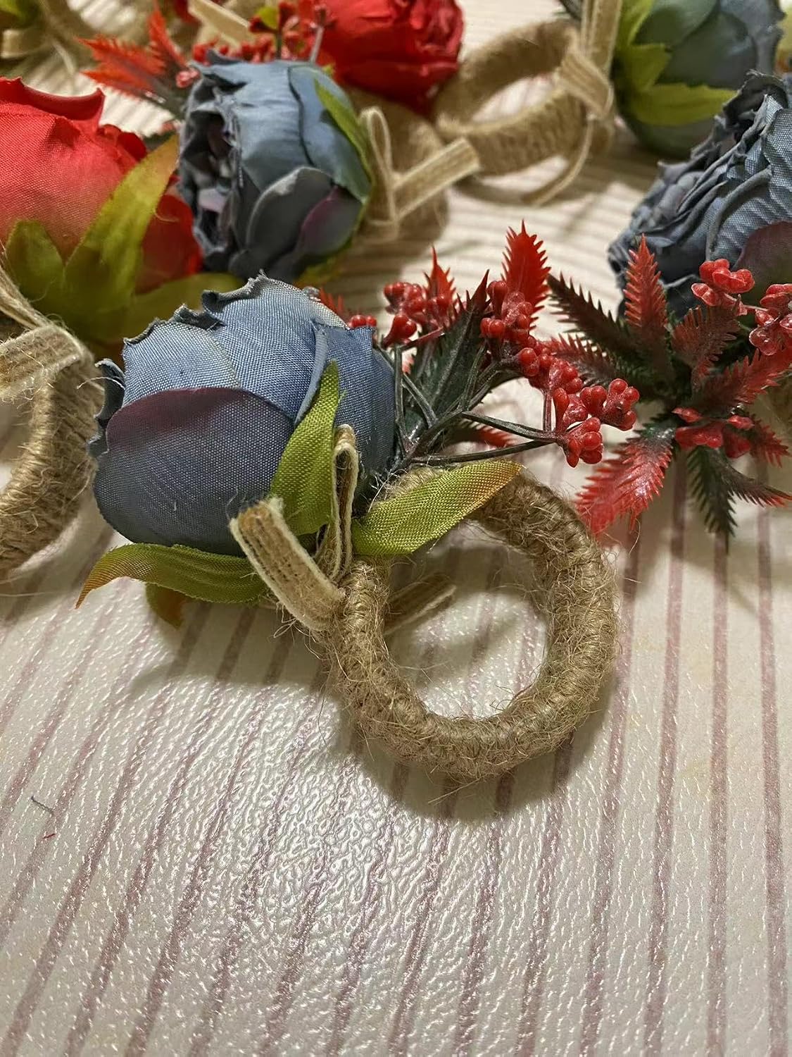 Floral Napkin Rings Set of 6,Rustic Rose Napkin Rings Flower Dinner Napkin Holder for Table Decoration (26#Blue)