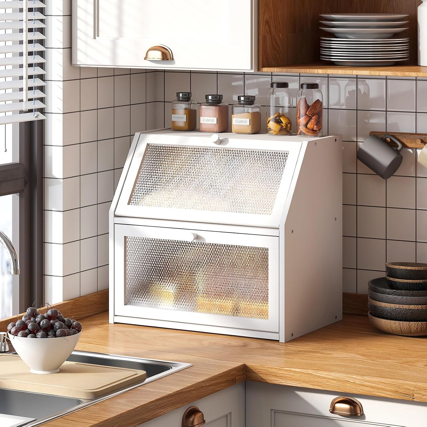 STDDRE Bread Box for Kitchen Countertop Bin Double Layer Bread Box Storage Container Extra Large Capacity with Diamond