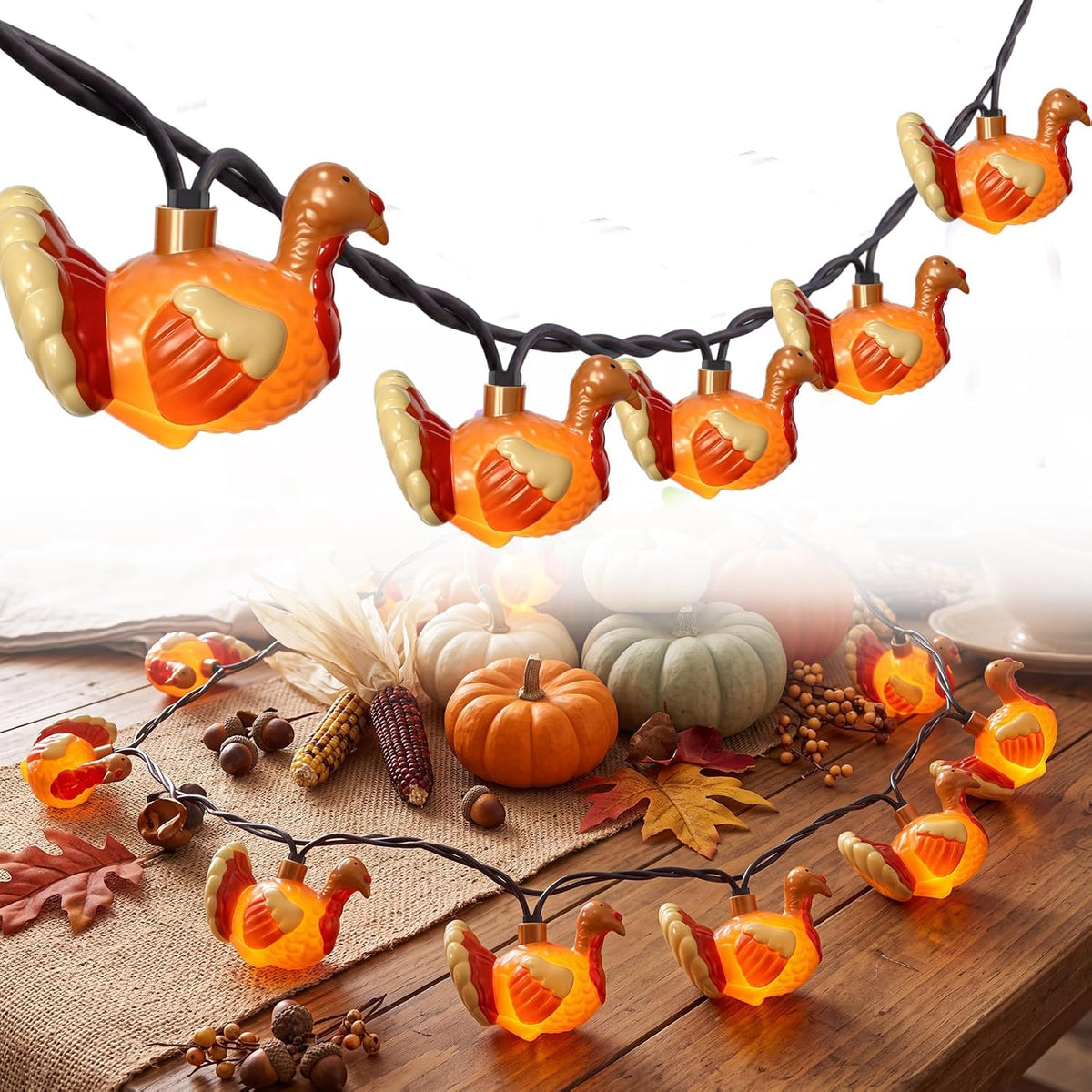8.5FT 10 LED Outdoor Thanksgiving Turkey String Lights Plug in, Waterproof