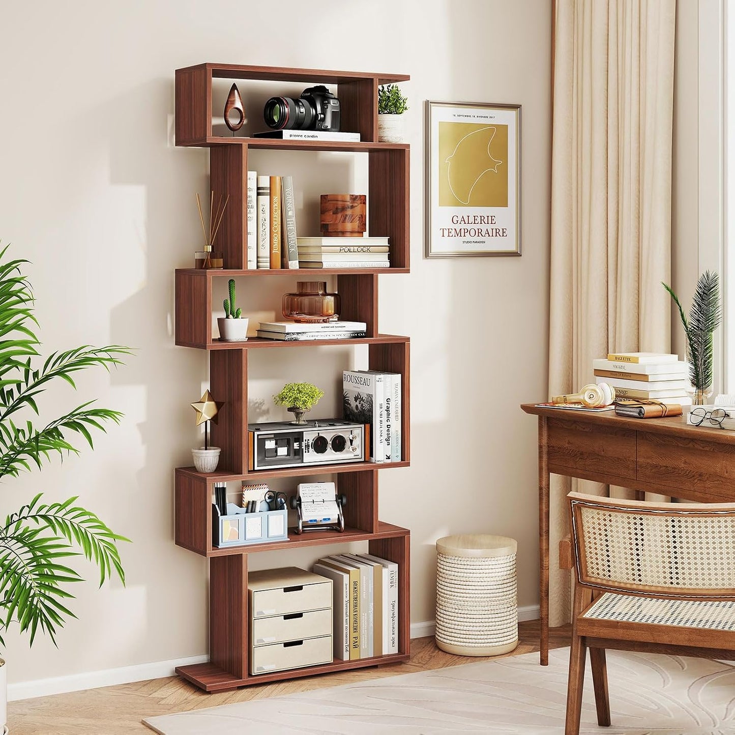Giantex 6-Tier Geometric Bookshelf, S-Shaped Bookcase with 2 Anti-Tipping Kits, Wooden Display Shelf, Decorative