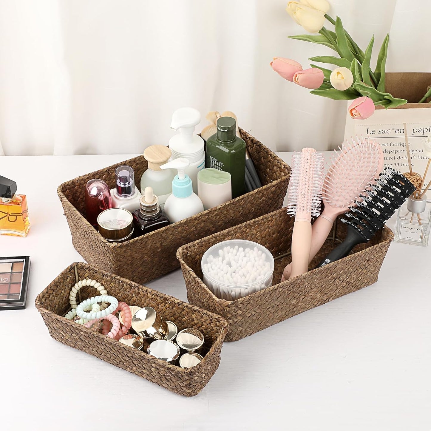 3 Wicker Basket Set Rectangular Handwoven Seagrass Basket Storage Bins / Coffee / Natural / Set of 3