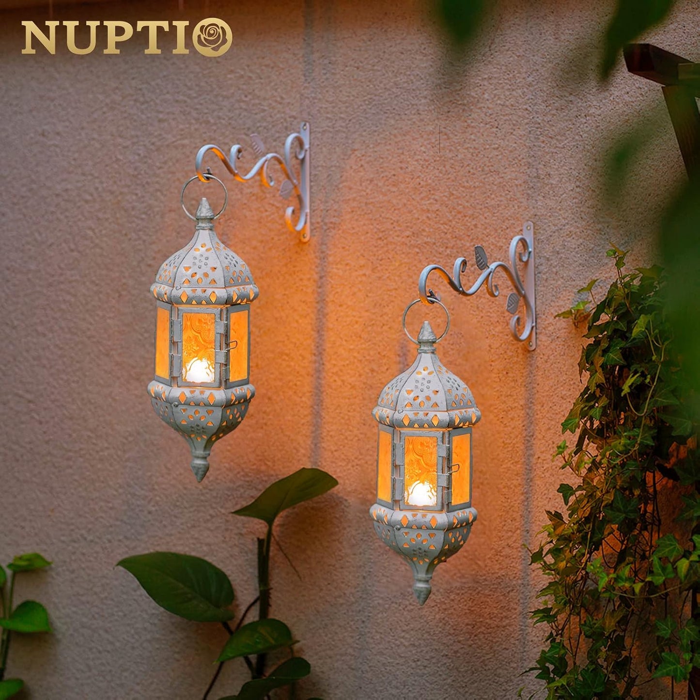 2 Pcs Moroccan Lantern Metalwork Hanging Tealight Candle Holder Metal Glass Indoor Outdoor Battery Operated LED