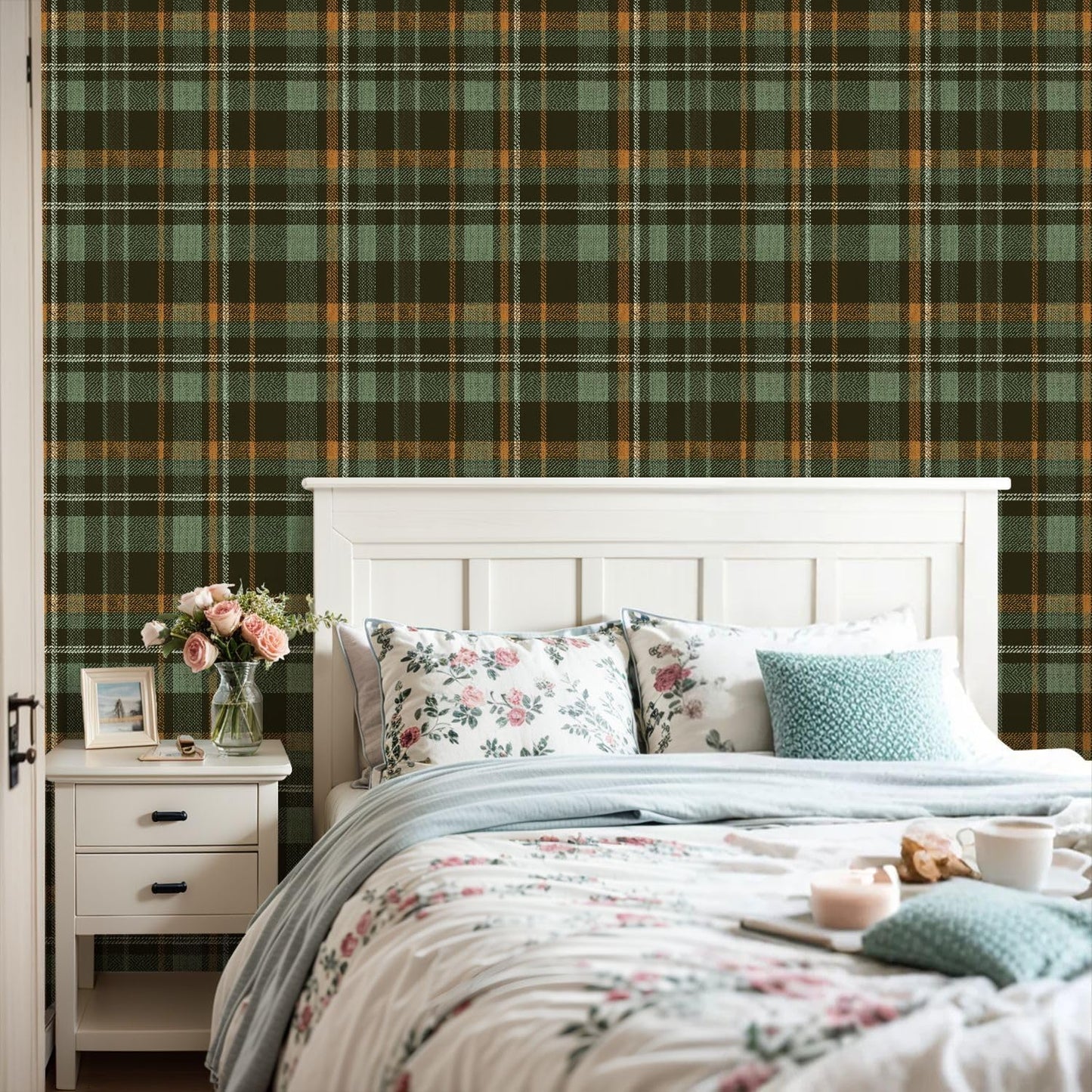 Peel and Stick Wallpaper Plaid green Herringbone textured seamless / Multi8 / 24 x 118 / Brown