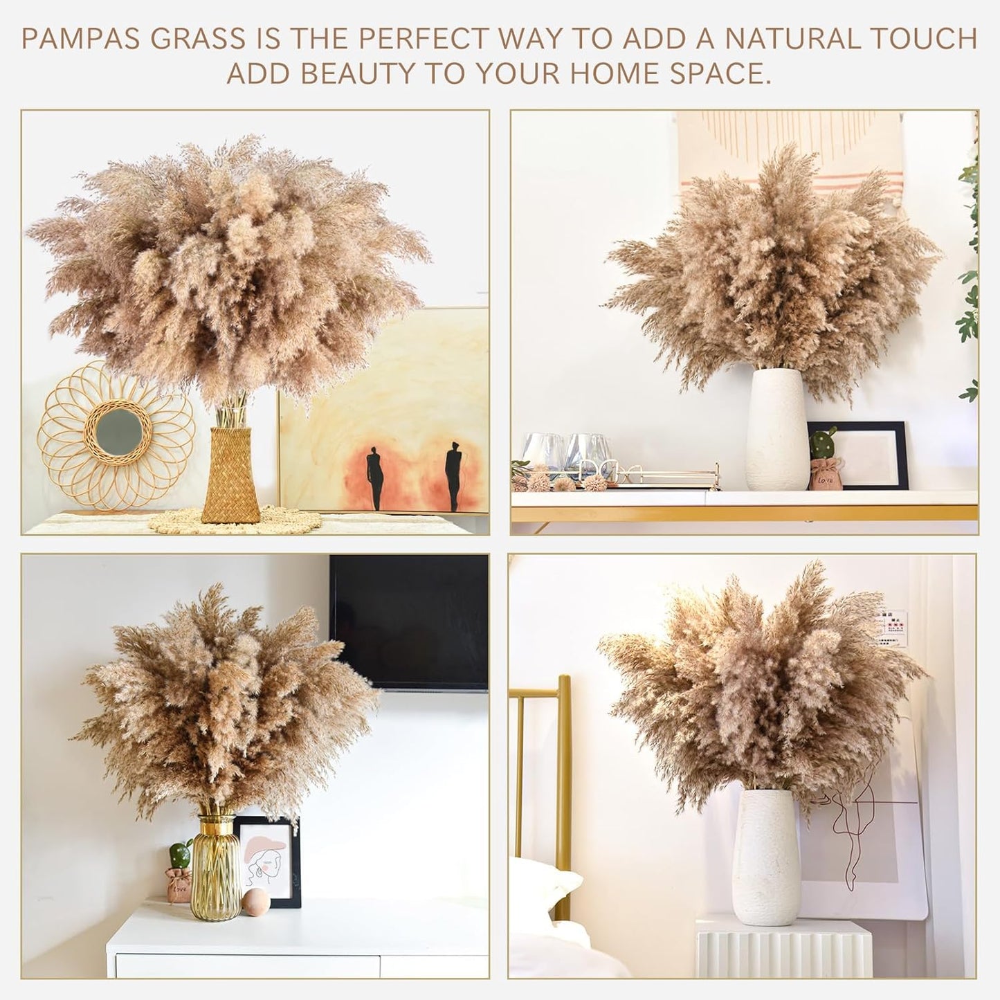 Short Fluffy Pampas Grass Bulk for Small Boho / 17inch -brown / Set of 22