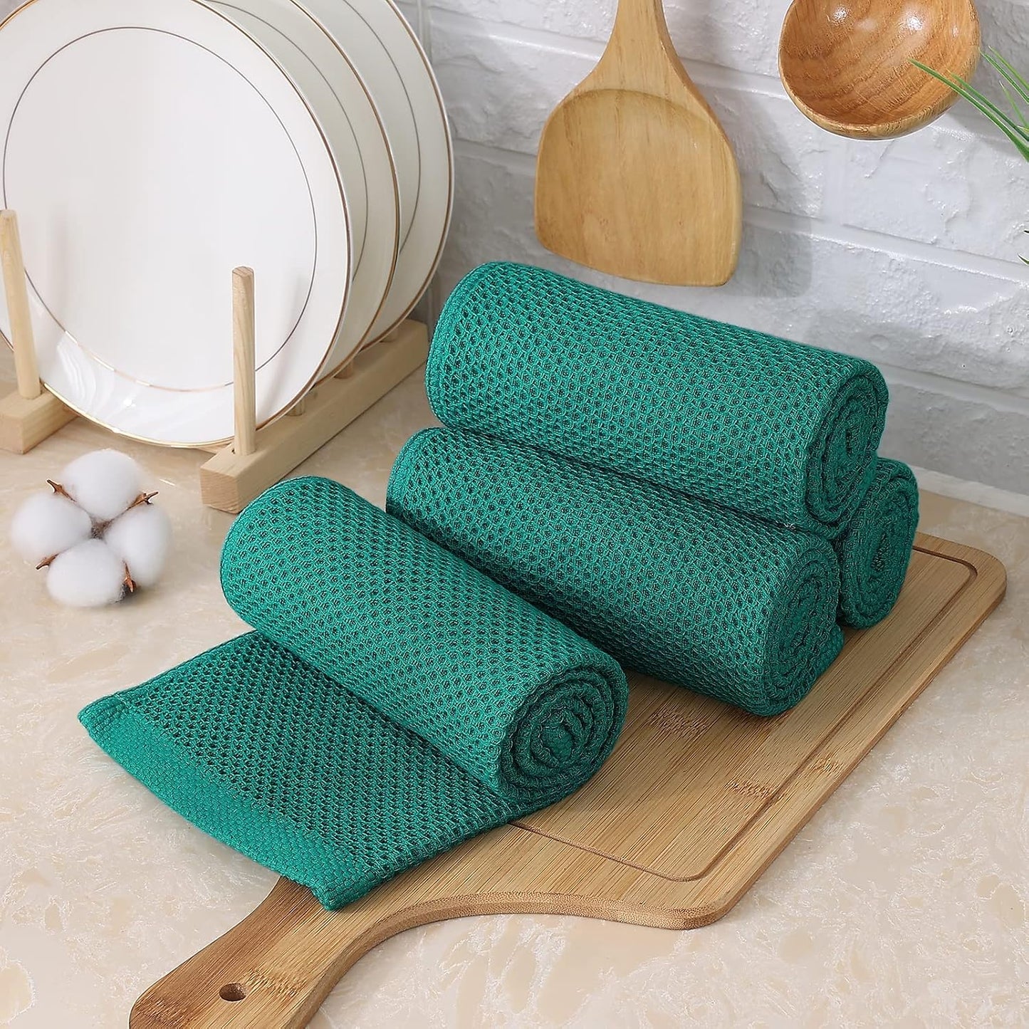 Kitinjoy 100% Cotton Waffle 8-Pack Kitchen Towels, 13" x 28", Teal | Super Soft, Ultra-Absorbent, Fast Drying