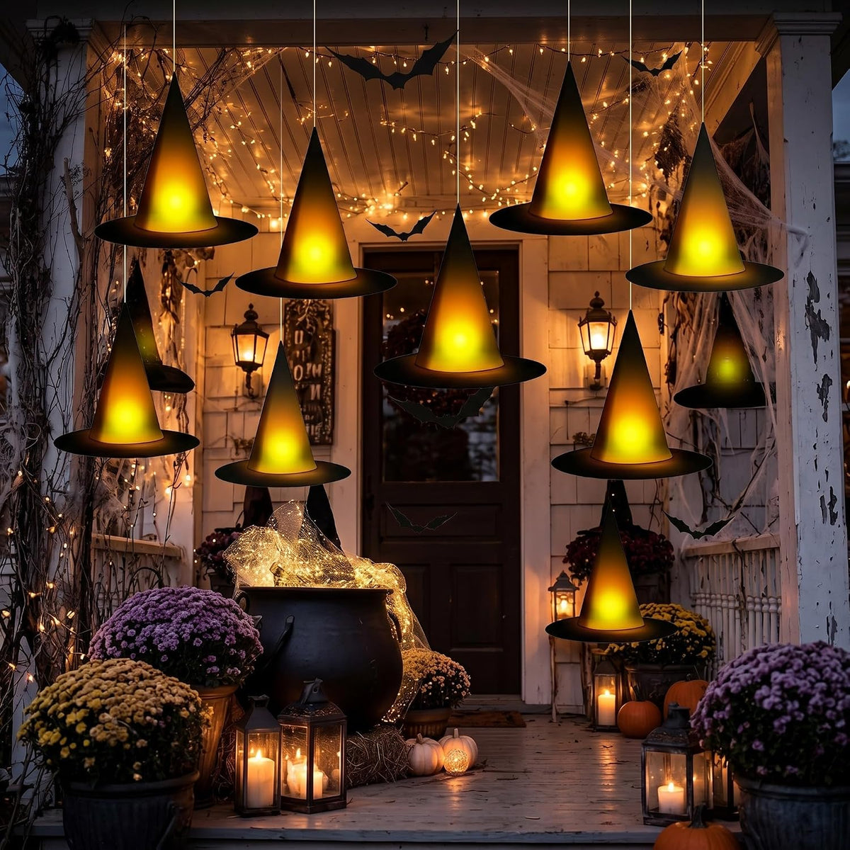 taupphoo Halloween Black Witch Hats DIY Floating Light up Witch Hats with Tea Lights 3D Bats Wall Decorations
