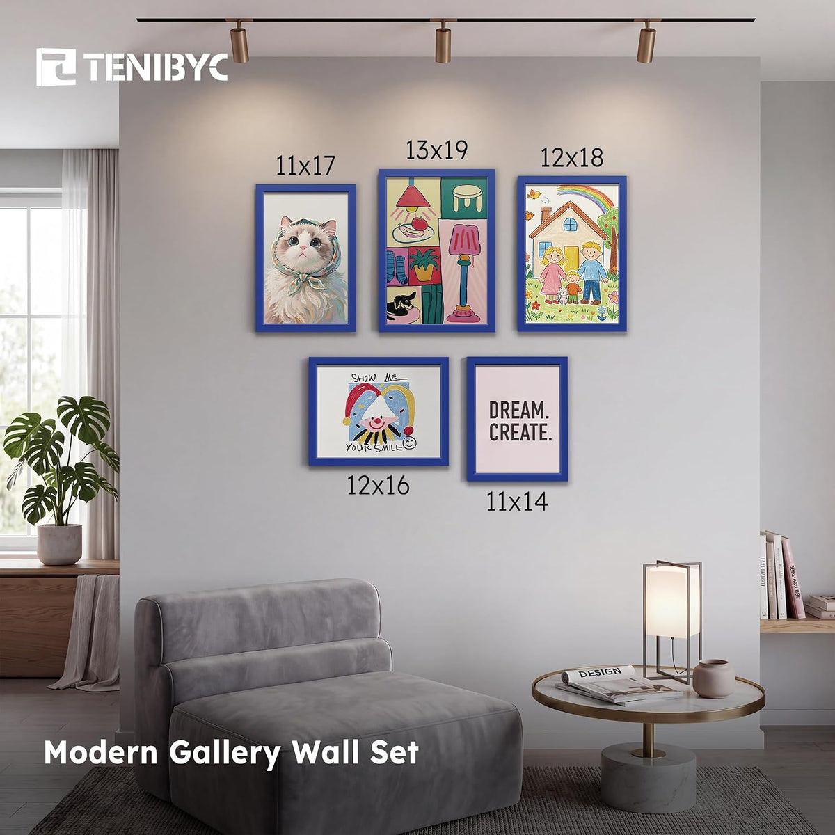 11x14 Picture Frame 3 Pack, Blue Wood, Real Glass, for Photo, Art | Thick HD Tempered Glass, Wall Hanging, Horizontal