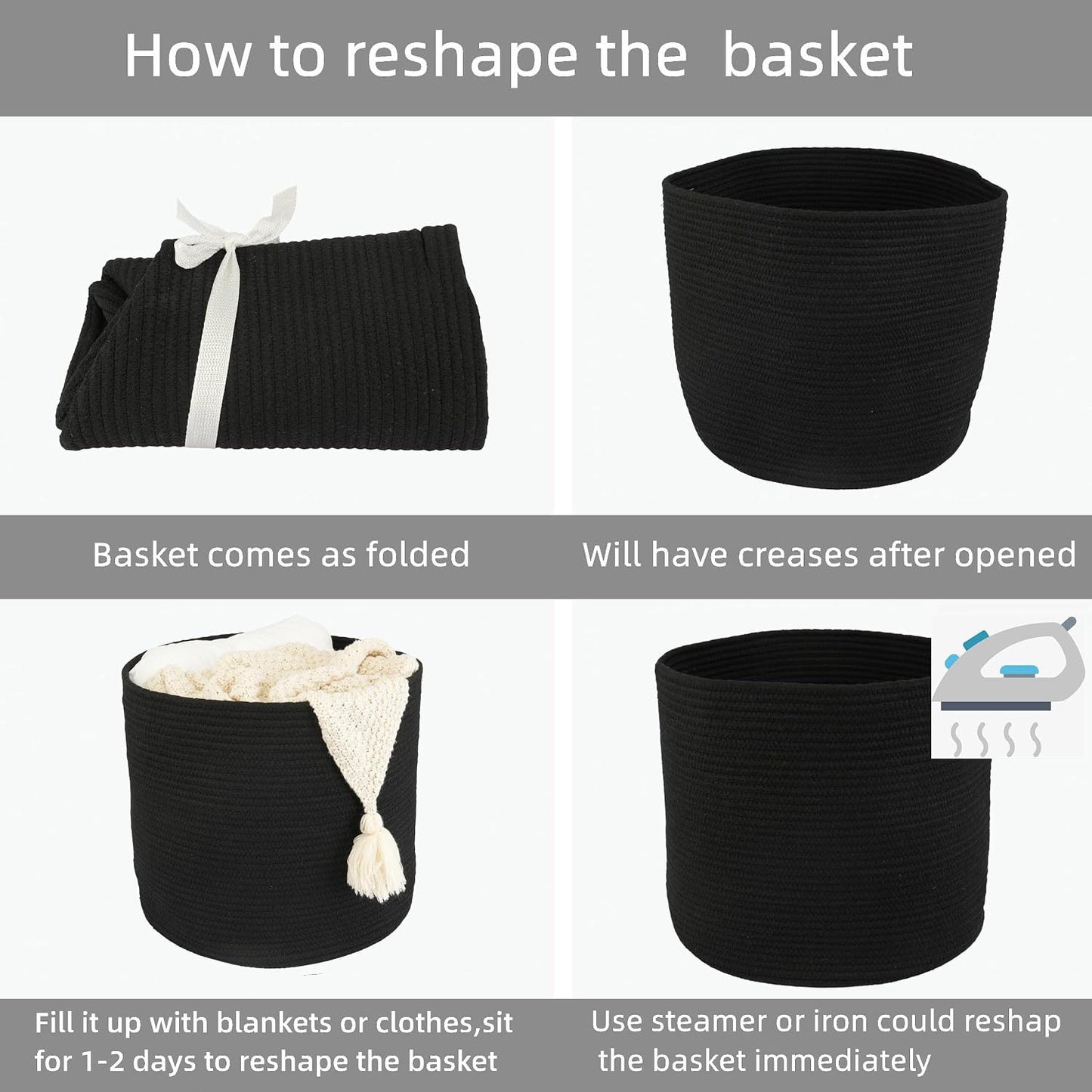 Cotton Rope Basket For Girls Boys Kids " Baby Laundry Basket Nursery Bin Round / Black / 16 x 14